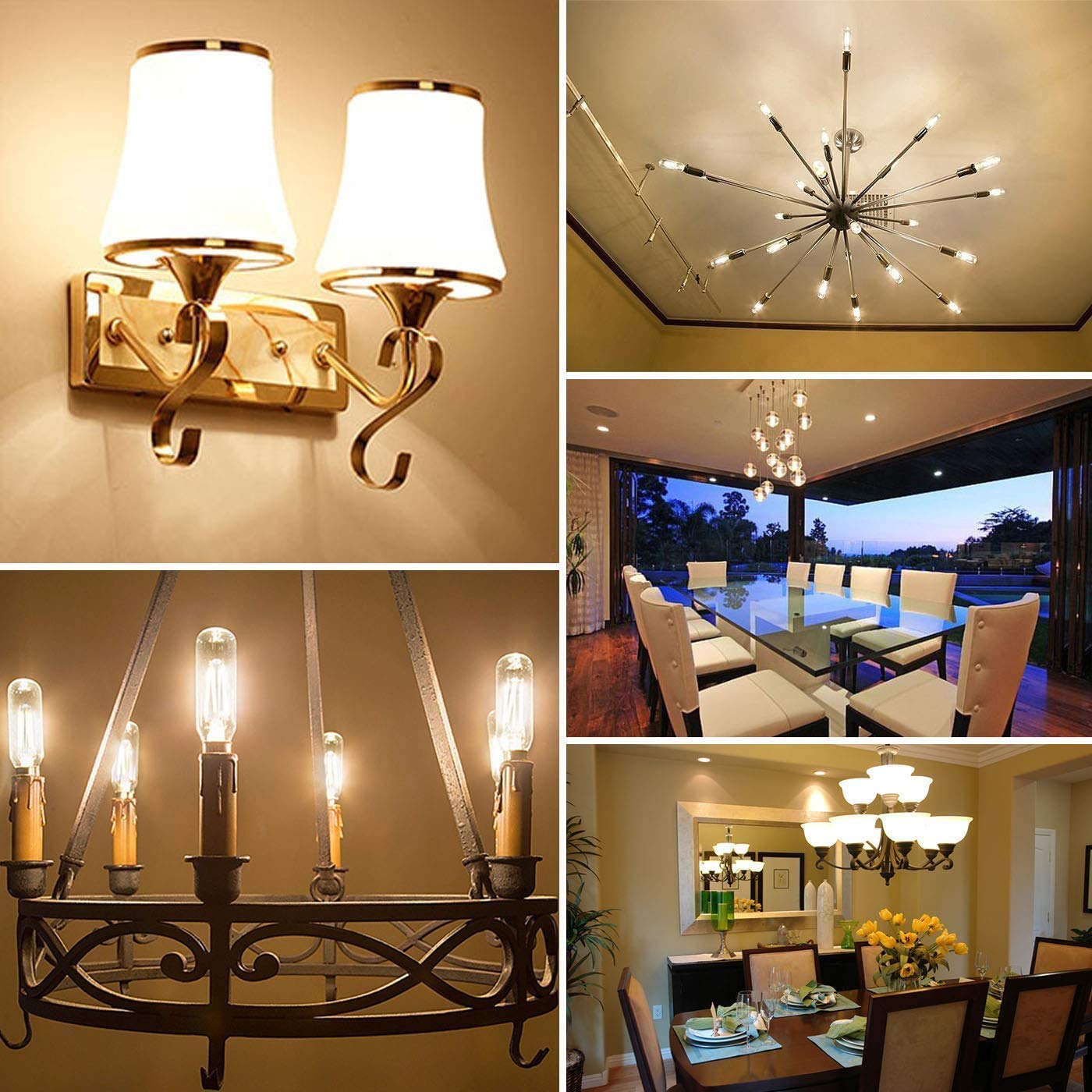 foco LED de filamento largo de 2 W T6, 25 W, equivalente a E12 candelabro, foco LED estilo Edison regulable 2700 K, luz blanca cálida, paquete de 4