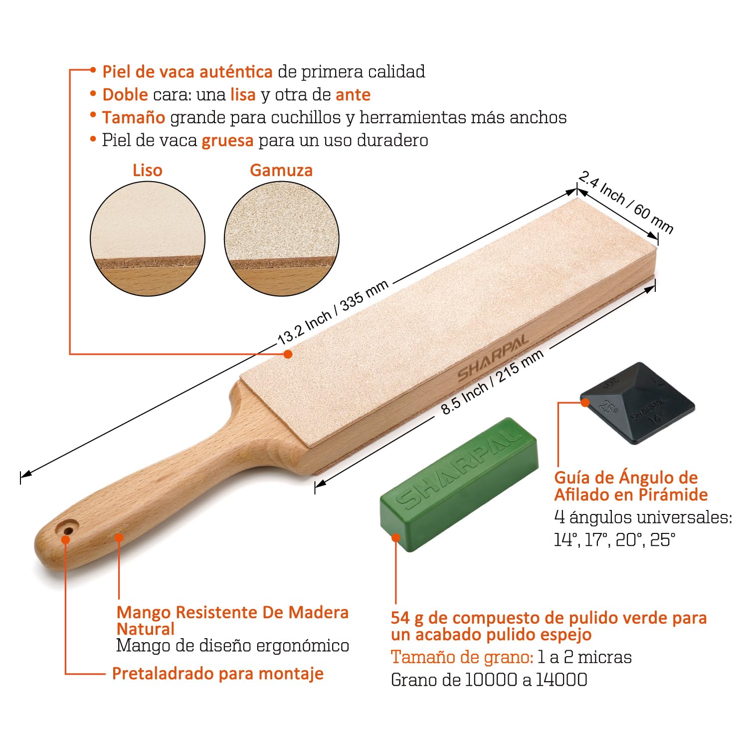 SHARPAL 205H Kit de gamuza de cuero de doble cara (330 x 60 mm) con 53g de pasta de pulir y guía de ángulos, bloque de gamuza para afilar y pulir cuchillos, Afilador de cuchillos profesional
