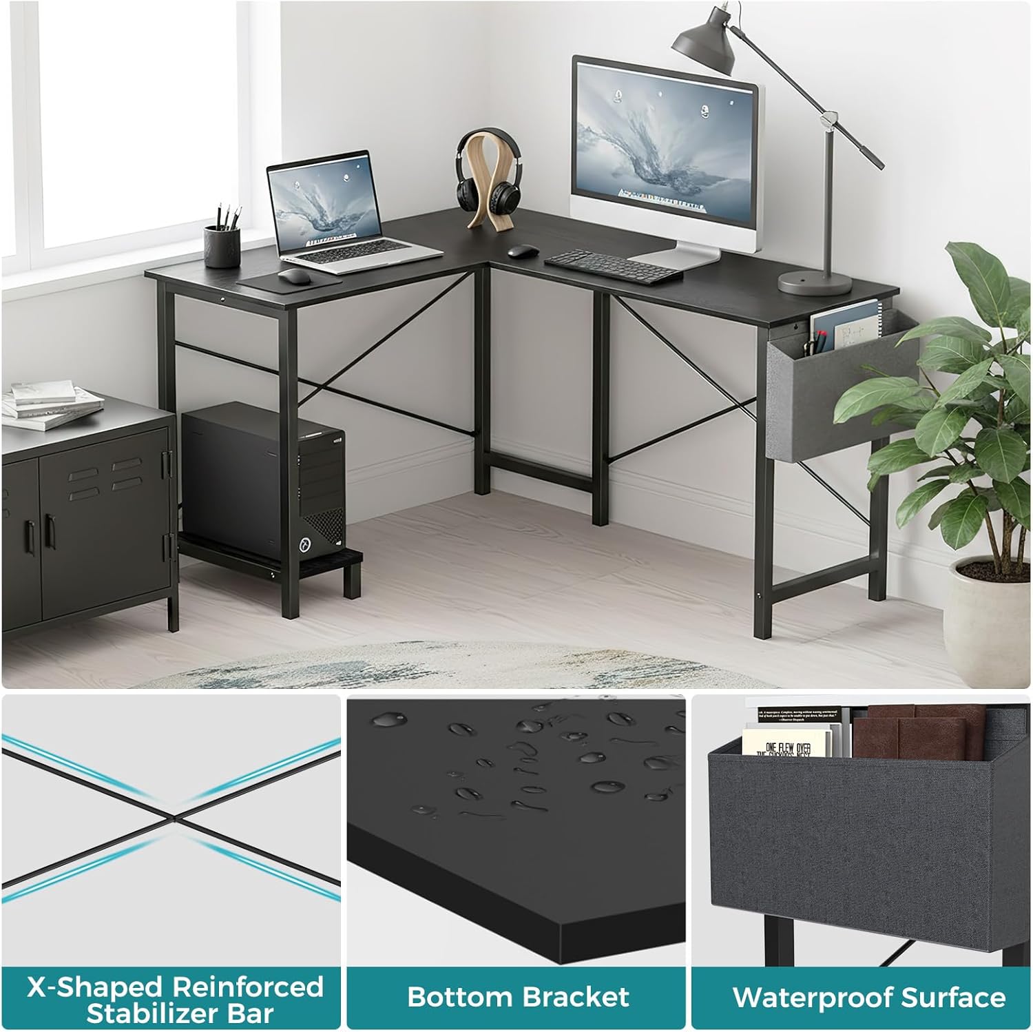 Close-up images showing X-shaped reinforced stabilizer bar, waterproof surface, and side storage bag