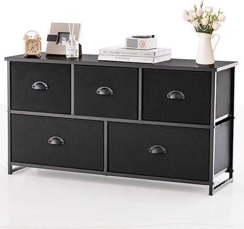 Giantex Cómoda negra para dormitorio con 5 cajones, amplio organizador de almacenamiento de ropa con 5 cubos de tela, marco de metal resistente,