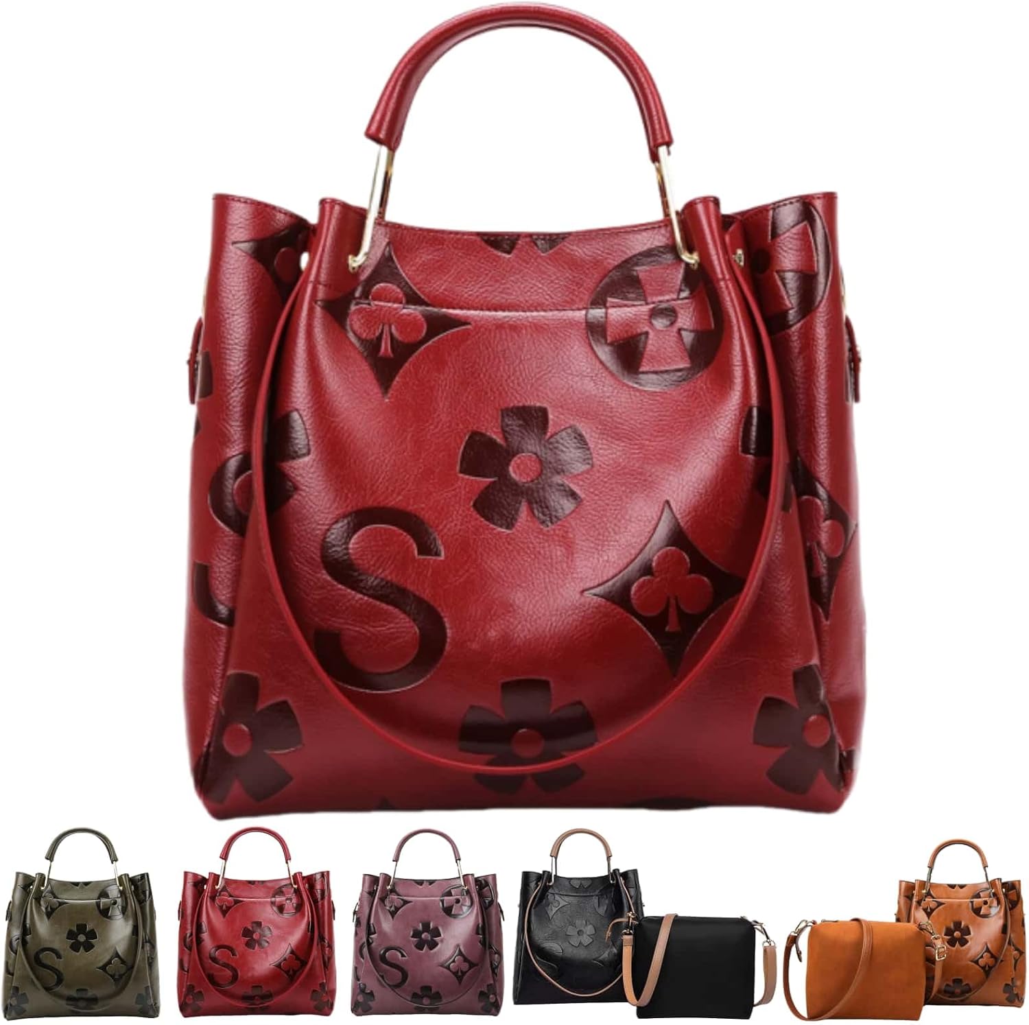 Women Large Tote Bag with Pouch Set of 2 Trendy Retro Floral Embossed Shoulder Handbag Crossbody Bucket Purse Fashion