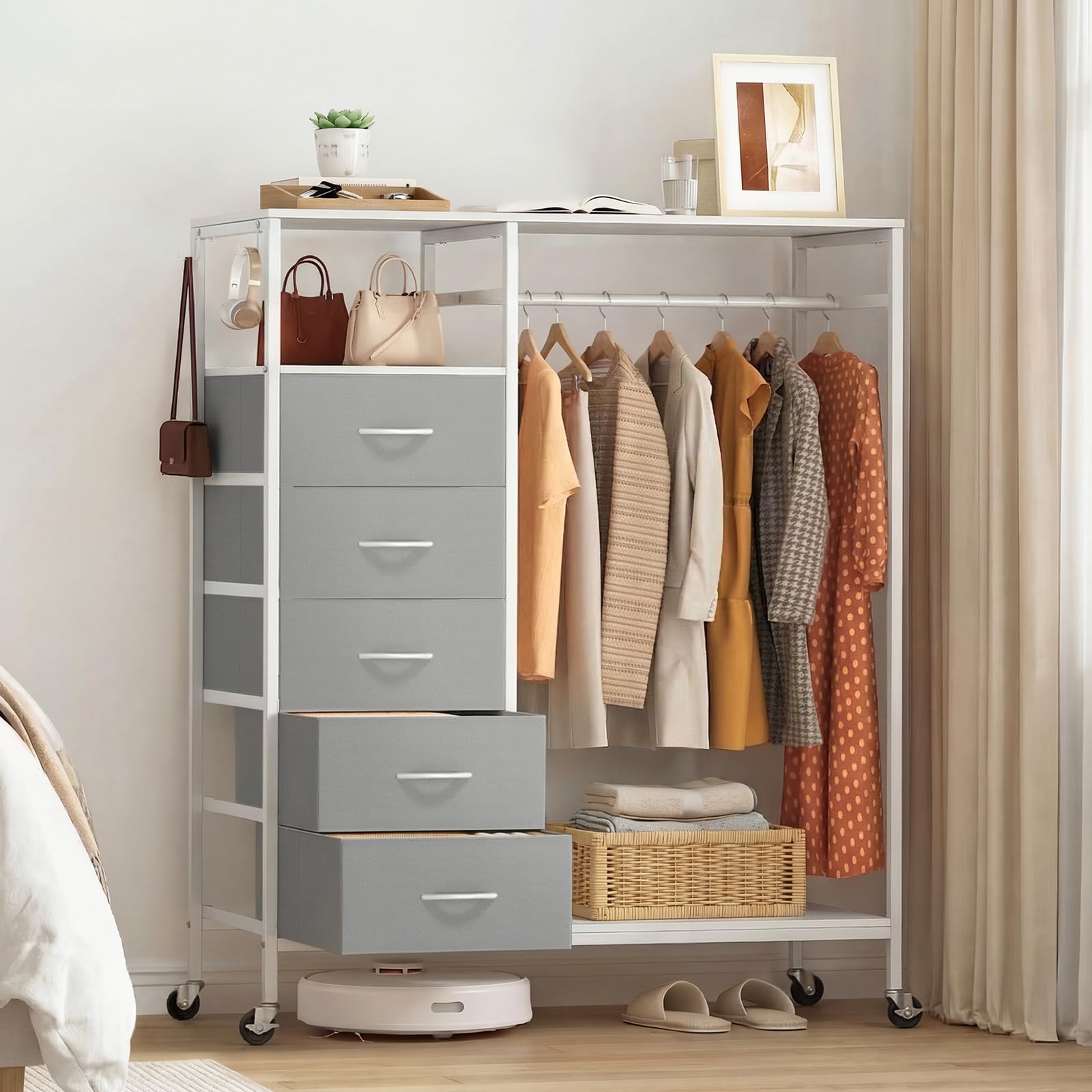 HOKEEPER Kleiderständer auf Rollen | Kleiderstange, Kleiderschrank, Clothes Rack, 4 Rollen, 2 feststellbar, einfache Montage, langlebig, Offener Kleiderschrank