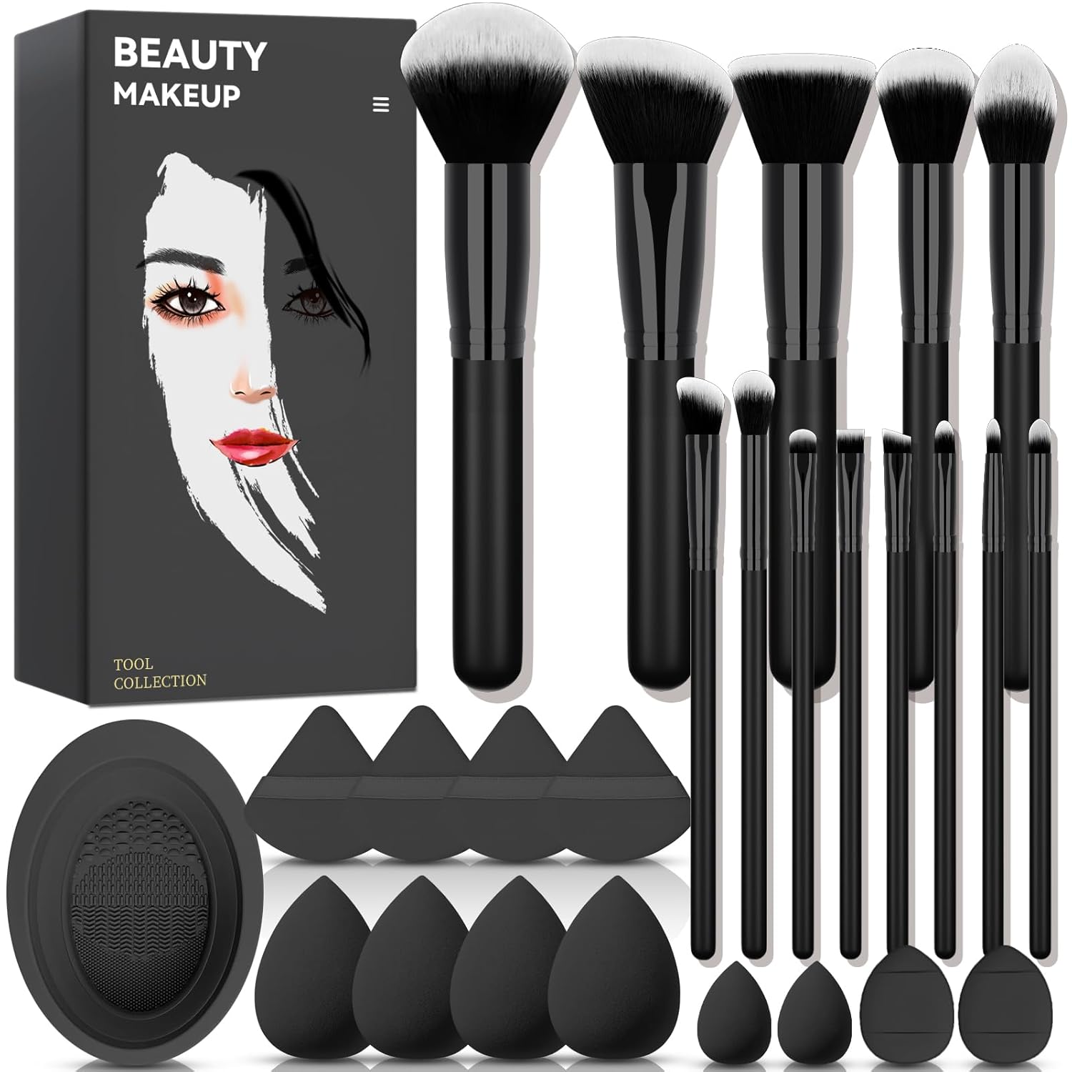 Koccido 26pcs Makeup Brushes Set - Professional Foundation Eyeshadow Kit with Sponges, Puffs & Cleaning Bucket