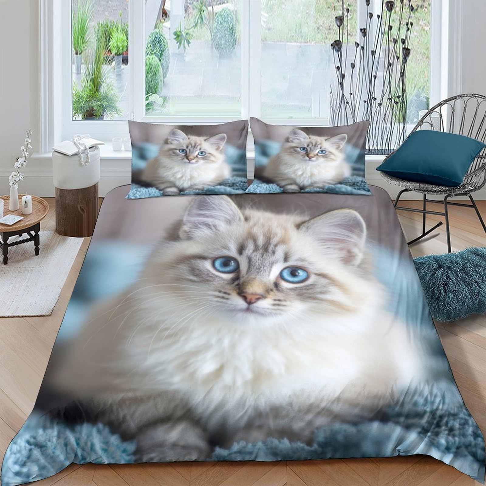 Ctjqhvkz Style-9 3D Printed Fluffy Cat Fitted Sheet Microfiber Soft Breathable Blue Eye Pet Bed Cover For Bedroom Guest Room Decor Mattress Protection Single（135X200cm）