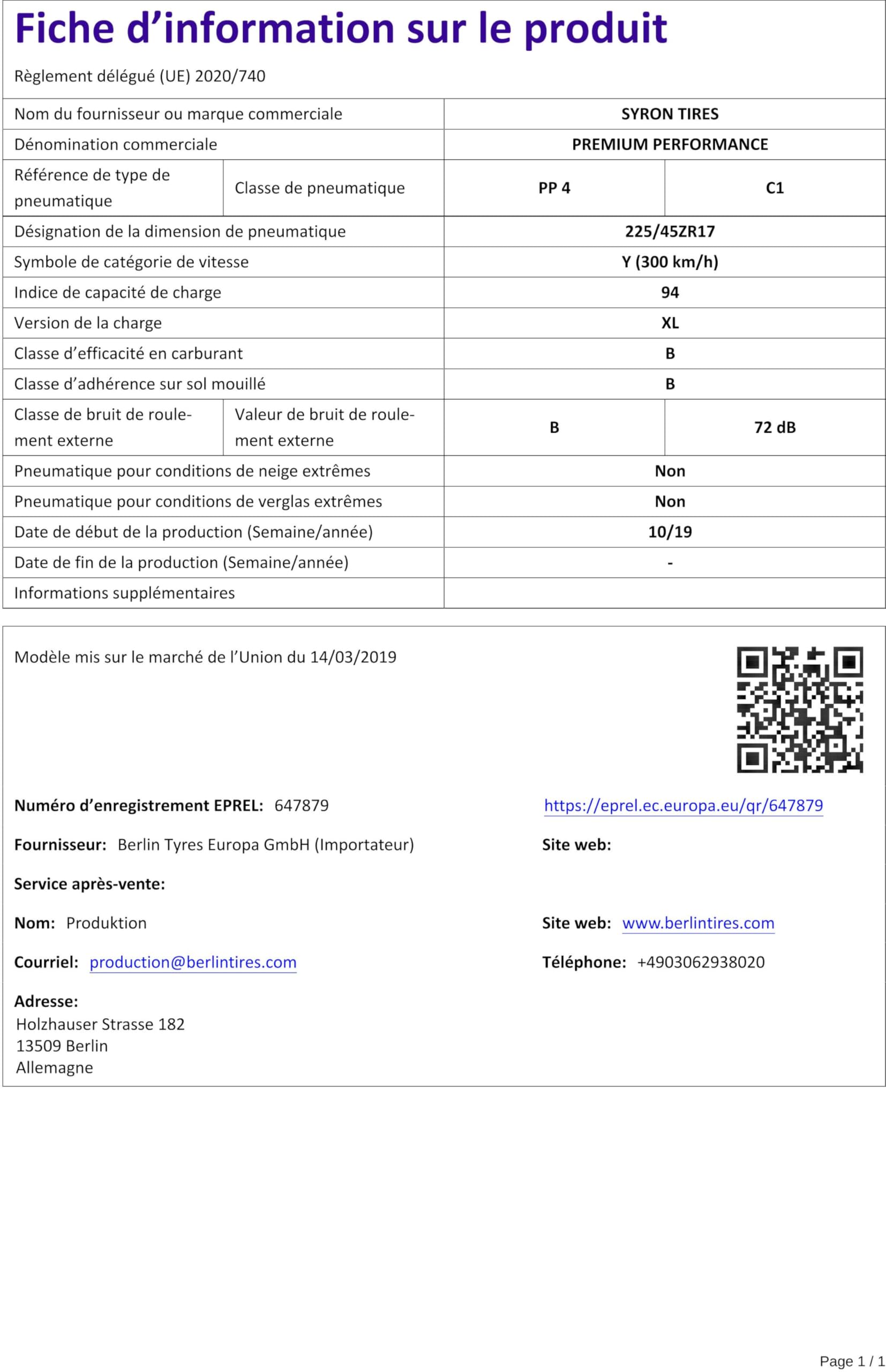 Syron Tires Premium Performance XL 225/45 ZR17 94Y - B/B/72dB Neumáticos de verano (coches)