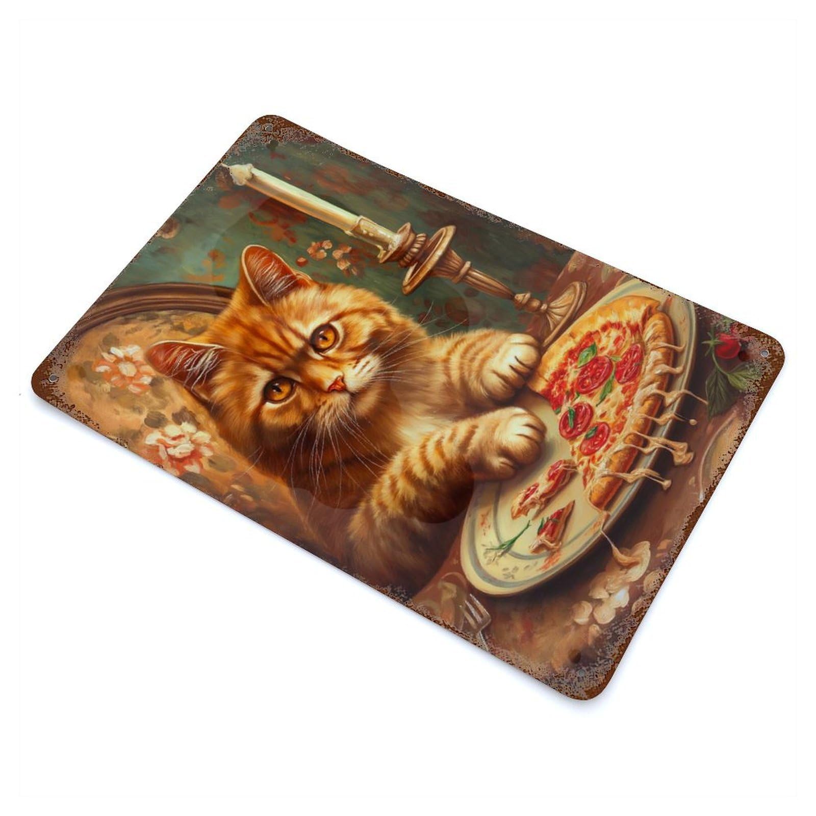 Cat with Pizza And Candle Rustic Tin Plaque 11.8"x7.9", Ideal for Cafe, Home Bar And Lounge Decor