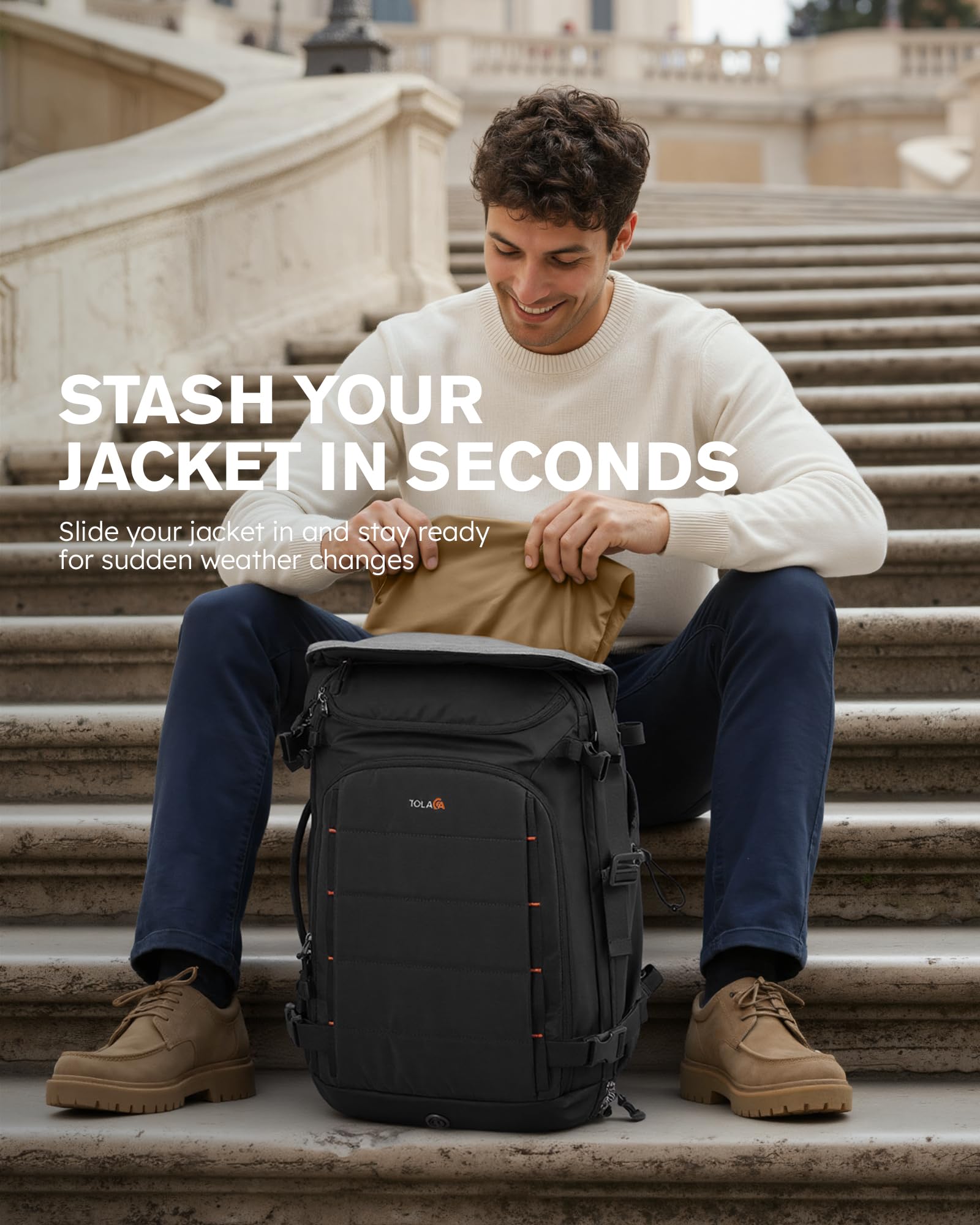 Tolaccea Handgepäck Rucksack, 40L Groß Reiserucksack, TSA Freundlich Laptop Rucksack für 15,6 Zoll, Wasserdichter Travel Backpack Herren Damen mit Drei Packwürfel für Business Reise Arbeit Urlaub | Extra 3 Packwürfel, 7 l Nass-Trocken-Tasche, 180°-Öffnung
