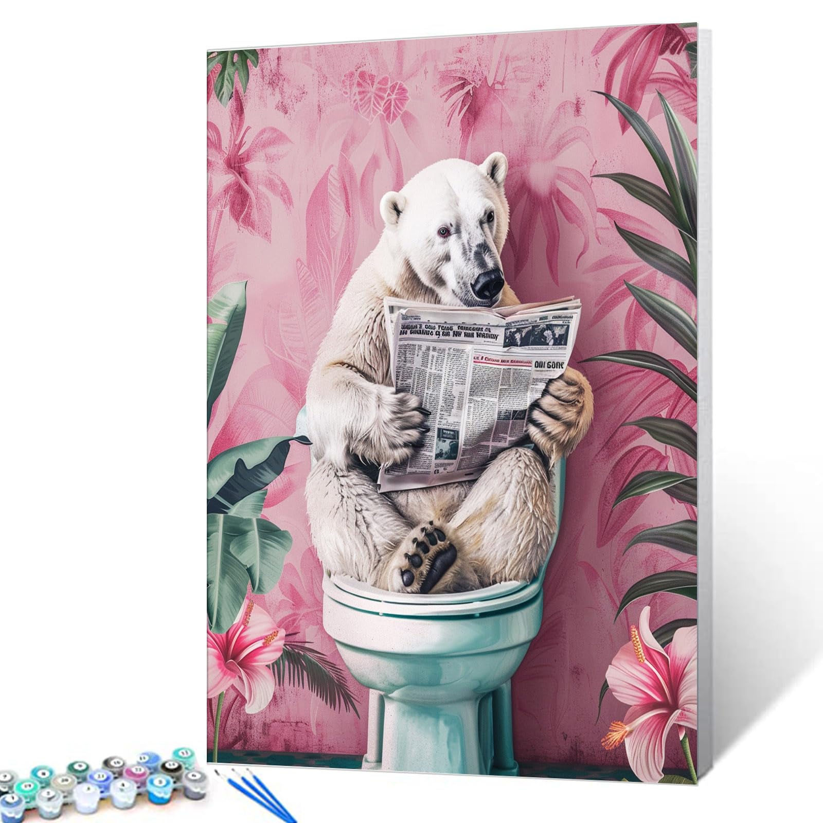 Tucocoo Funny Polar Bear Paint by Number Kits 40x50cm Canvas DIY Oil Painting for Adults with Brushes and Acrylic Pigments Animal on Toilet for Reading, Newspaper Picture for Home Decoration — image 1