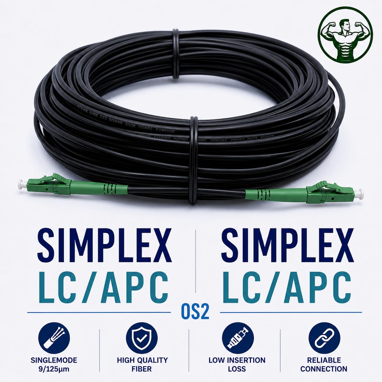 Elfcam® - Cavo Fibra Ottica con Armatura in Acciaio Corrugato LC/APC per LC/APC Simplex Monomodale, OS2 9/125µm, Nero (50M)