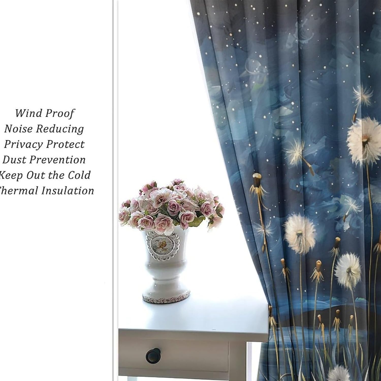 Fantasy Dandelion Blackout Curtains for Bedroom, Moon Star Floral Nature Garden Grommet Curtains Thermal Insulated Window Drapes for Living Room, 21W x 54L, 2 Panels
