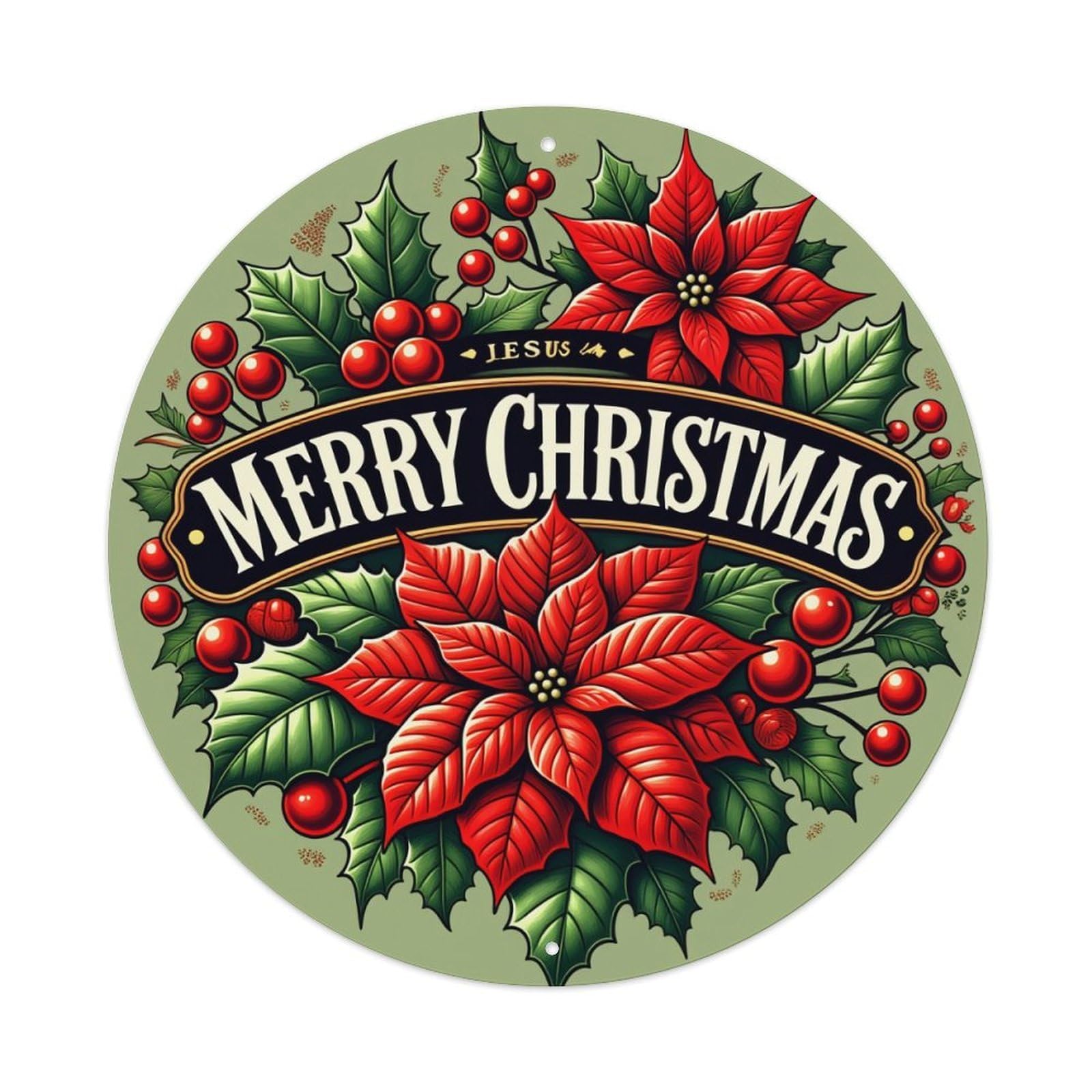 Merry Christmas Poinsettia Holly Berries Round Tin Sign Vintage Metal Poster, Home Bar Garage Man Cave Cafe Indoor & Outdoor Wall Decoration 8x8Inches