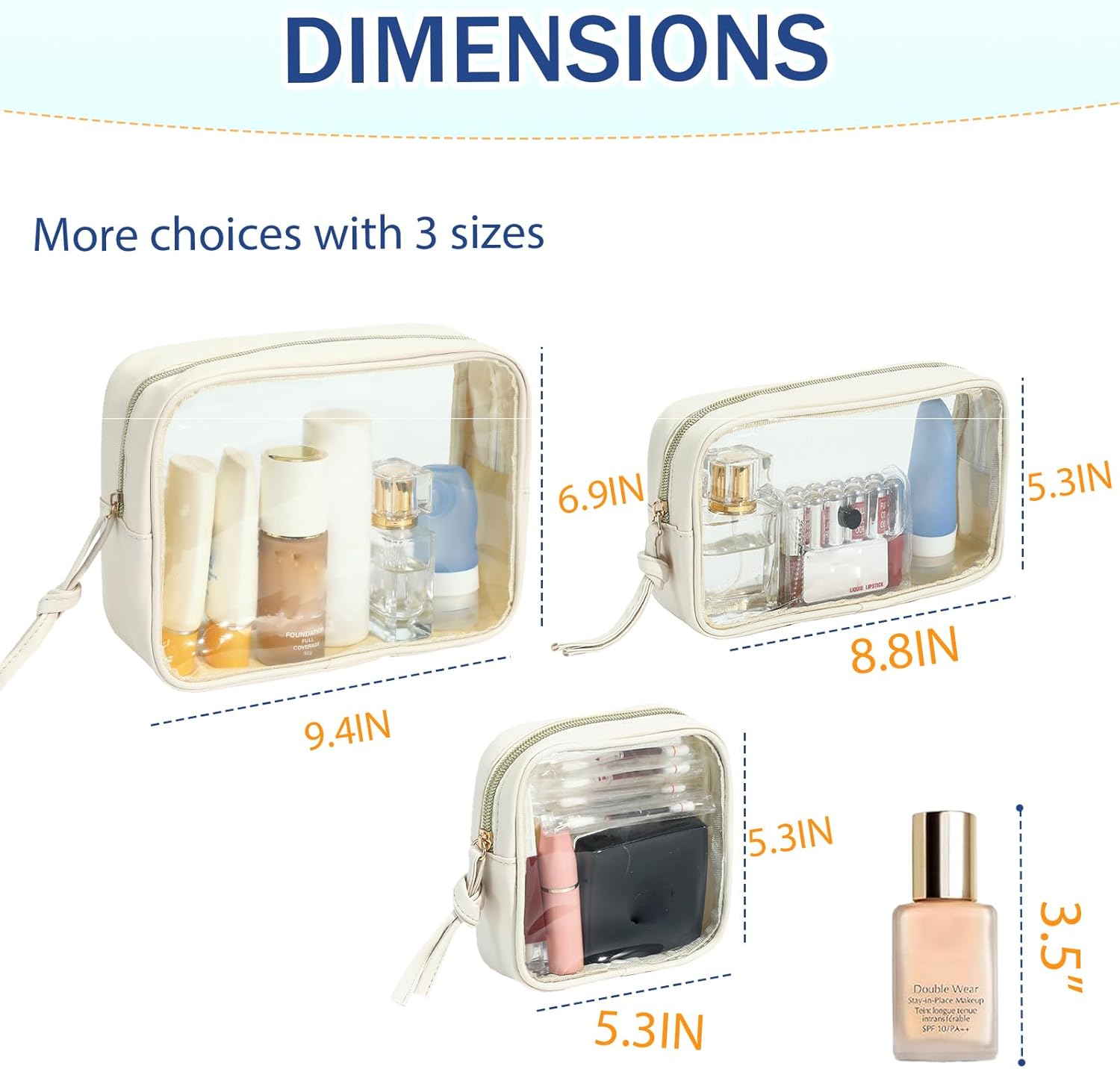 3-Piece Travel Makeup Bag Clear Waterproof Toiletry Bag Set Large, Medium Small Sizes Travel Toiletry Organizer Pouch Cosmetic Storage for Bathroom (Beige) - Image 4