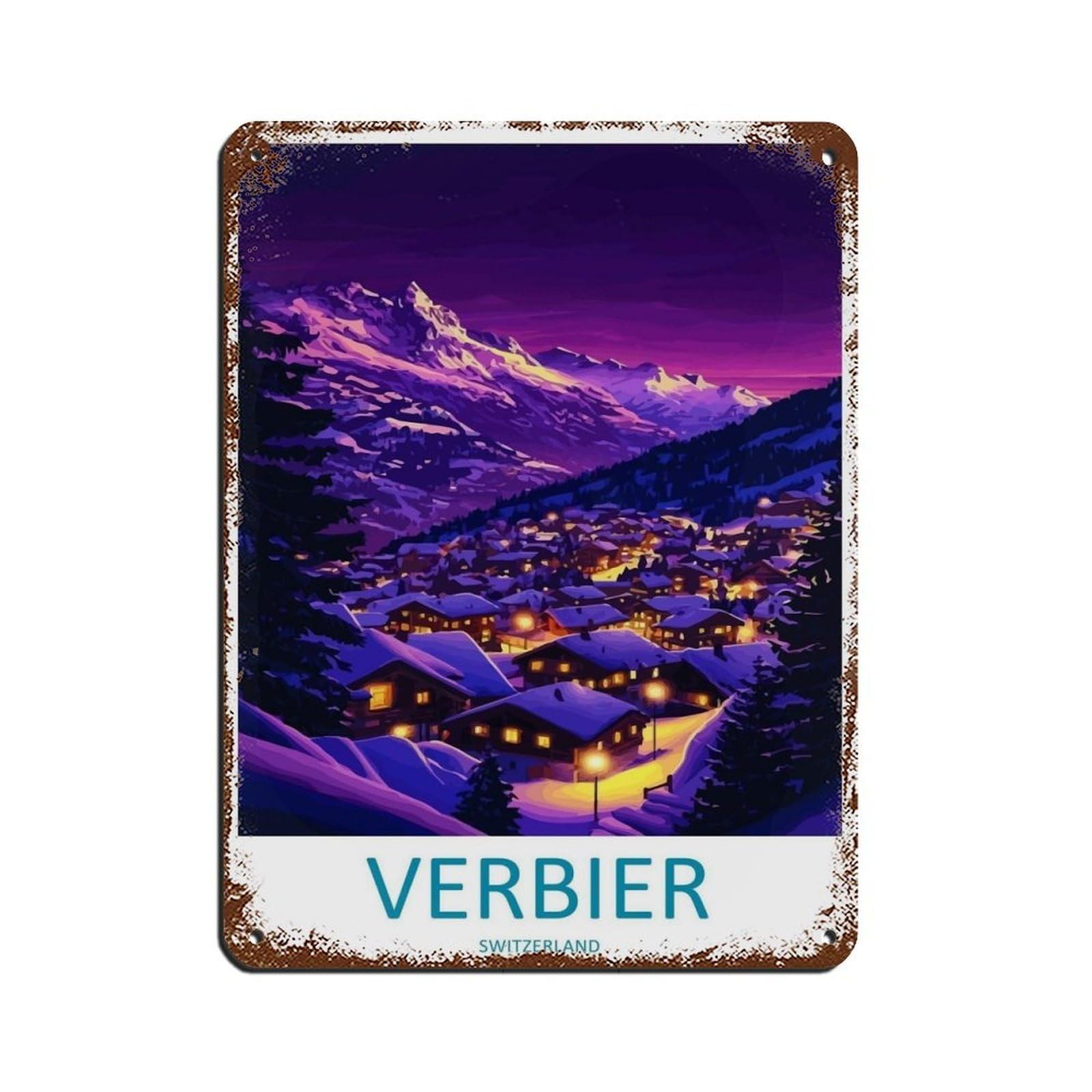 Verbier Travel Poster Ski Resort Alpine Landscape Tin Sign Vintage Metal Pub Club Cafe Bar Home Wall Art Decoration Poster Retro 12x16inch(30x40cm)