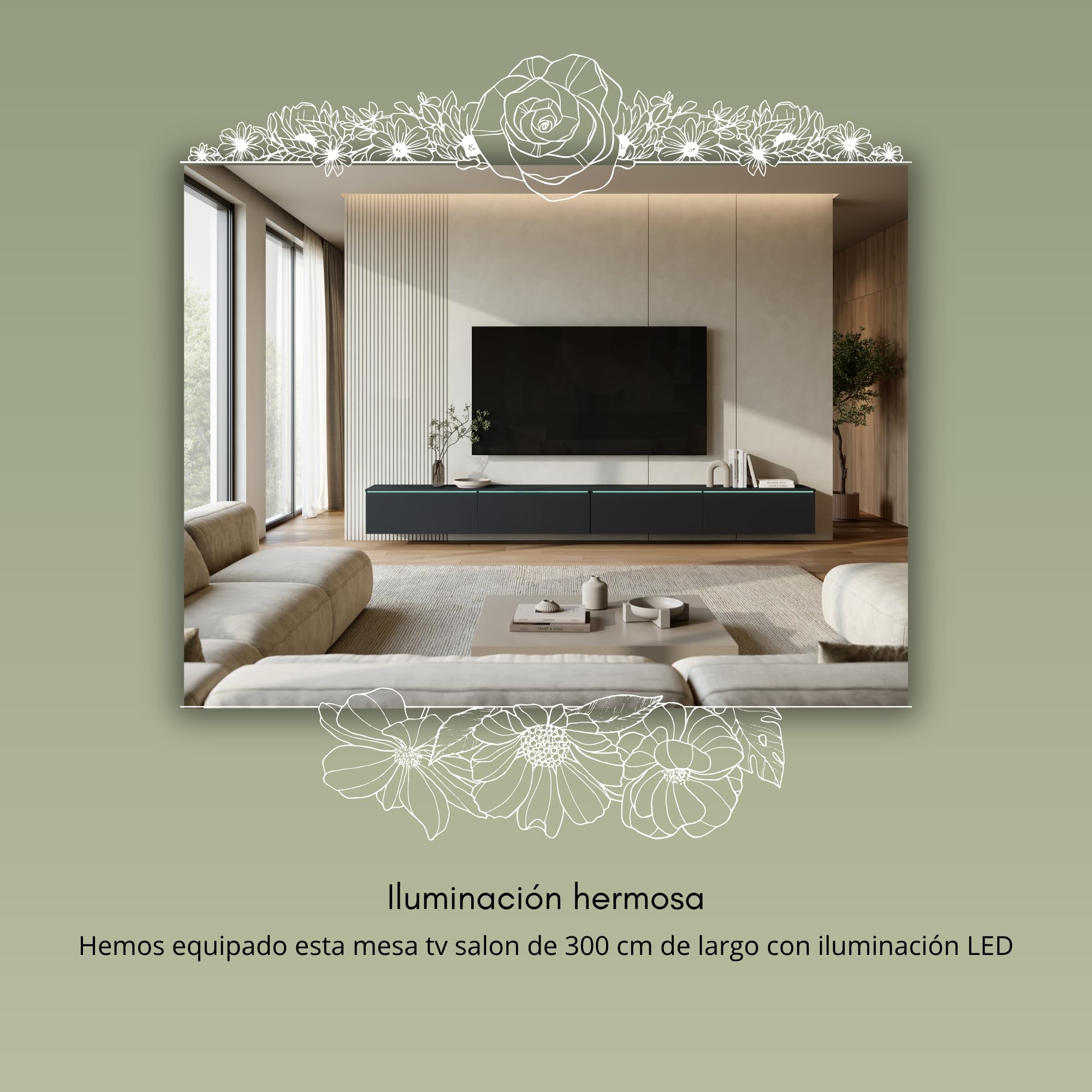 Mueble TV Salon de 4 Puertas con LED - Largo de 300 cm - Mueble Television en Estilo Moderno - Mesa TV para Salón, Comedor, Dormitorio - Mesa de Televisión Salón