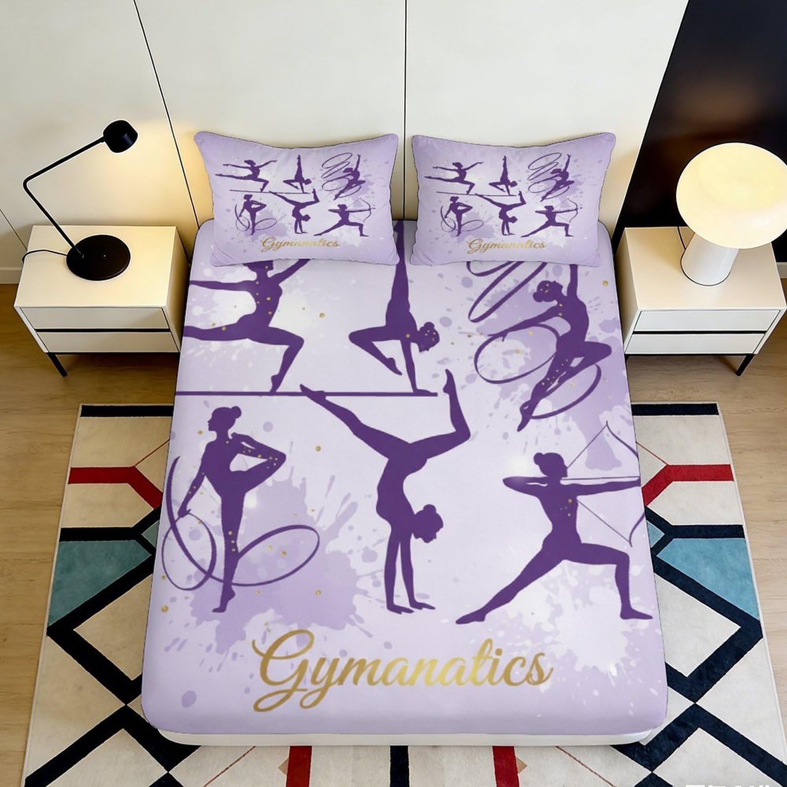 3D Printed Purple Gymnastics Fitted Sheet Microfiber Soft Artistic Rhythmic Silhouette Bed Cover for Bedroom Dorm Decor 90x200x25cm