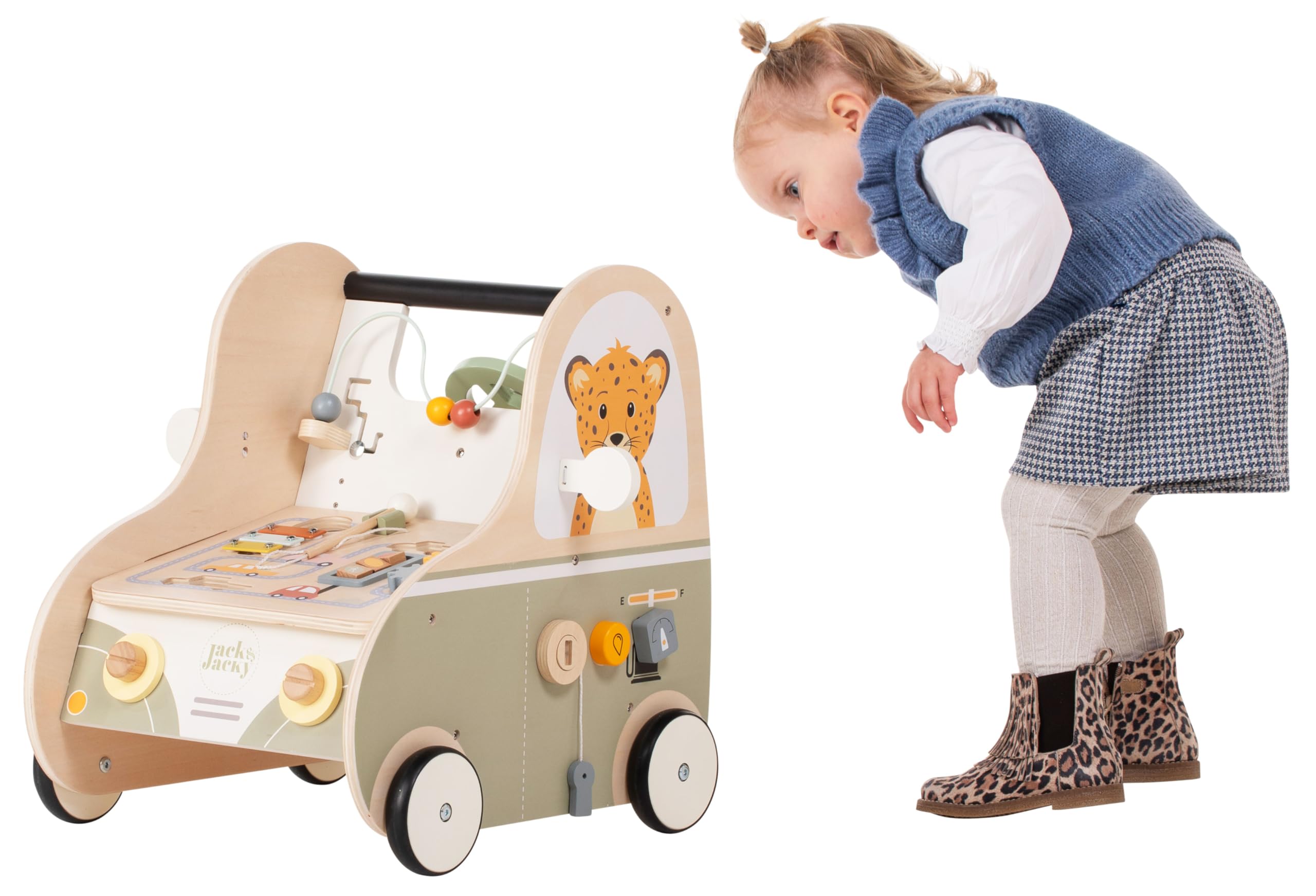 Engelhart - 640055 - Trotter in Legno Multi- attività - Giocattolo a Forma di Auto da Spingere per Bambini - Sviluppo Motorio e Educativo - A partire da 12 mesi