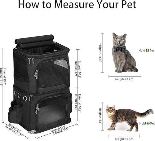 Vista 13 de Mochila transportadora de mascotas de doble compartimento para gatos pequeños y perros, transportador de viaje para gatos para 2 gatos, perfecta Gris
