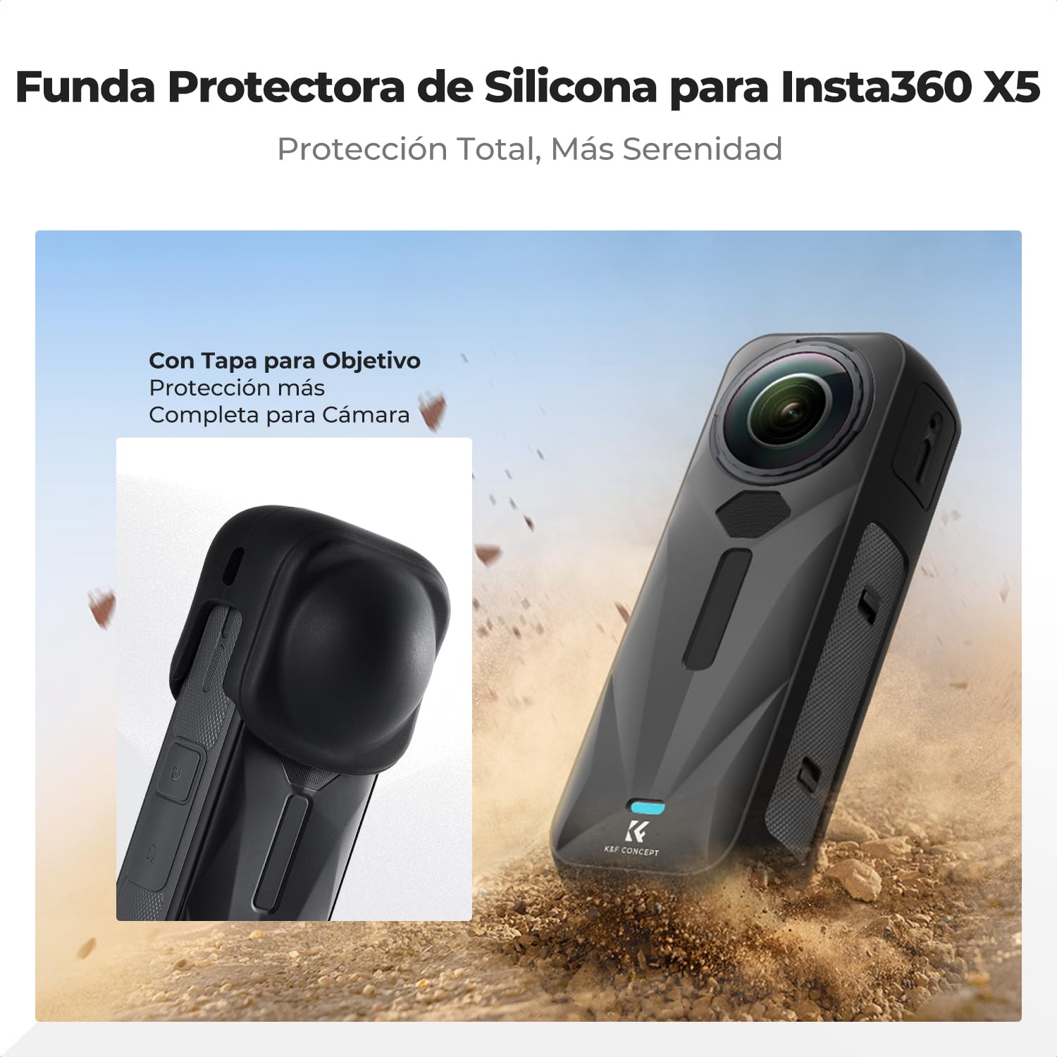 K&F Concept Funda de Silicona Negra para Insta360 X5, Funda Protectora Suave con Tapa para Lente, Batería Abierta, Protección Total para Cámara de Acción Accesorios
