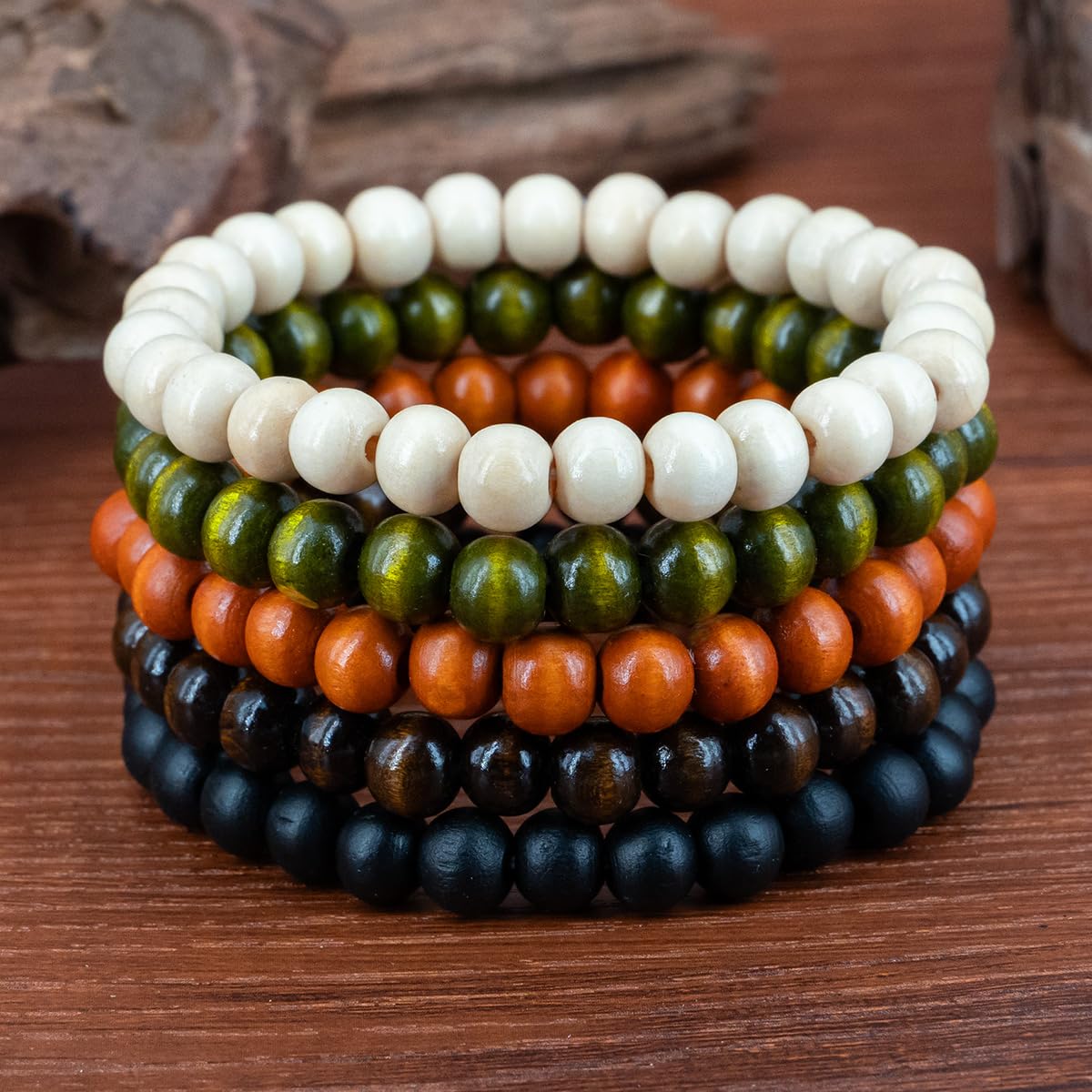 Set di 5 Braccialetti con Perline di Legno per Uomo e Donna - Stile Funky, Festa del papà, Festa della Mamma, Natale, Compleanni, Giorno del Ringraziamento. Perline per Braccialetti