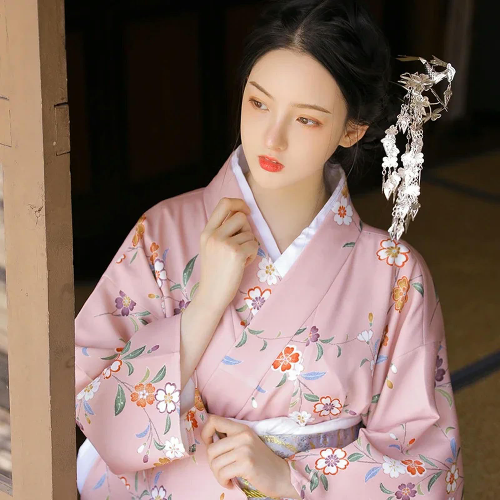 JIMINISO Japanese Traditional Pink Floral Print Long Kimono For Women Sexy Geisha Yukata Sweet Stage Cosplay Asian Clothing, Large, Dress (Withoutbelt) : Clothing, Shoes & Jewelry