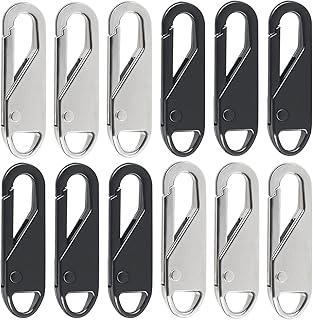 Zipper Pull Replacement, 12PCS Metal Zipper Pull Tabs Detachable Zipper Repair Kit for Luggage Backpacks Purse (Silver, Black)