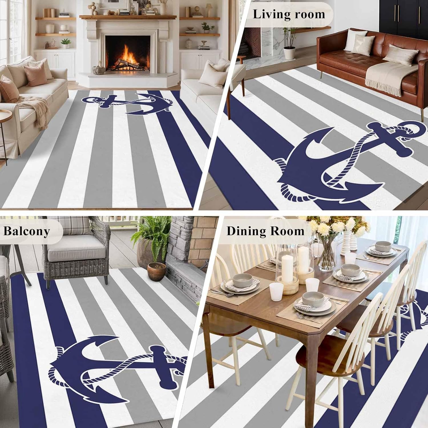 5x8 Area Rugs for Living Room, Anchor Gray Non Slip Area Rugs for Kitchen Bedroom Entryway, Modern Navy Blue White Striped Nautical Washable Carpet Runner Rug Floor Mats for Bedroom Home Decor