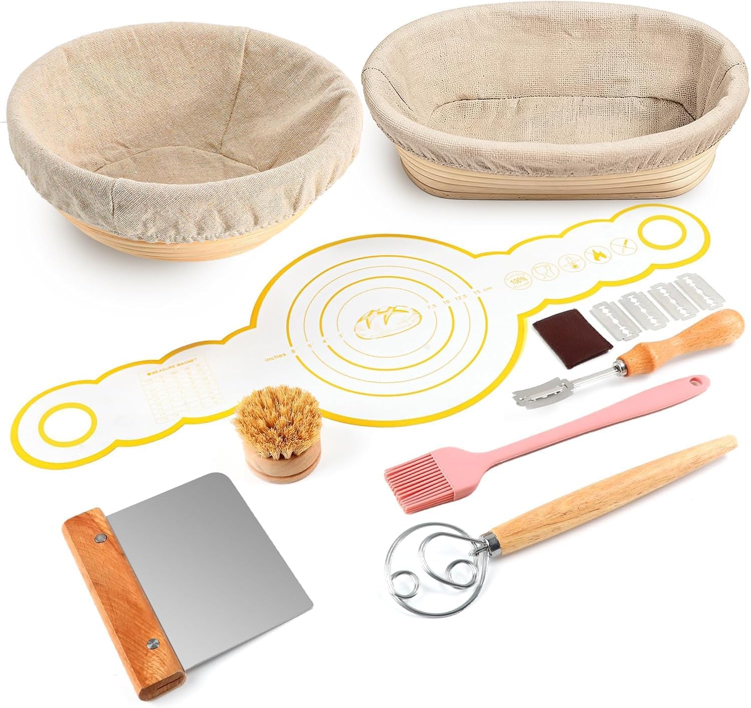 DOYOLLA Bread Proofing Baskets Set of 2, 10 inch Oval & 8.5 inch Round Dough Proofing Bowls w/Liners Perfect for Sourdough Bread Baking, Bakers Baking, Gifts for Bakers, Bread Making Kit