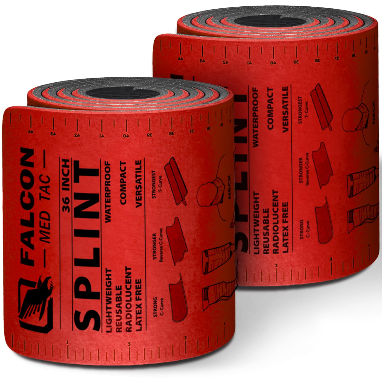 FalconTac 36 Inch First Aid Splint Roll Pack - Waterproof Reusable Lightweight Combat Field Splint For Bone Fracture (2 Pack)