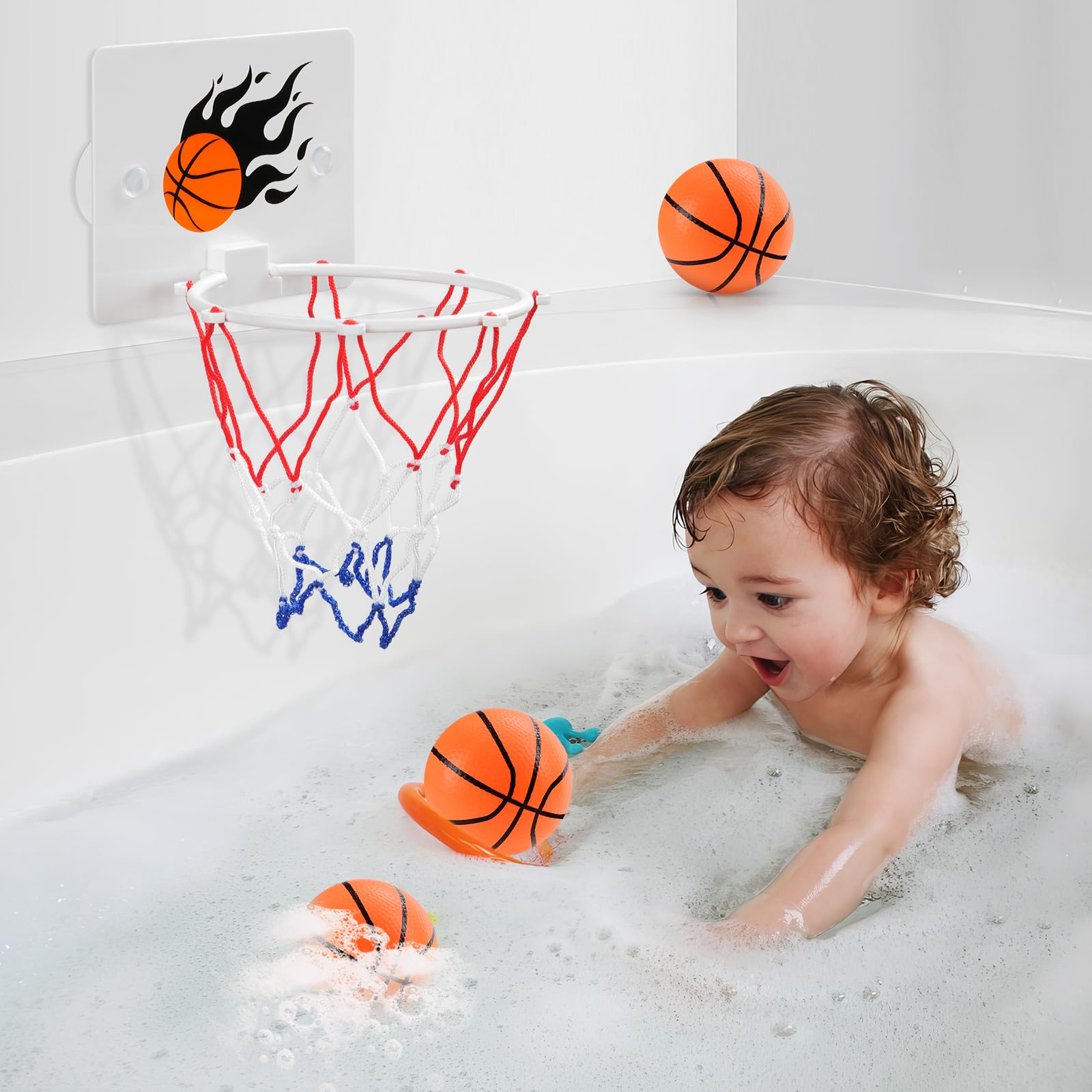 DEWEL Canestro Basket Bambini, Giocattoli da bagno per bambini con ventosa forte con due palline e gonfiatore