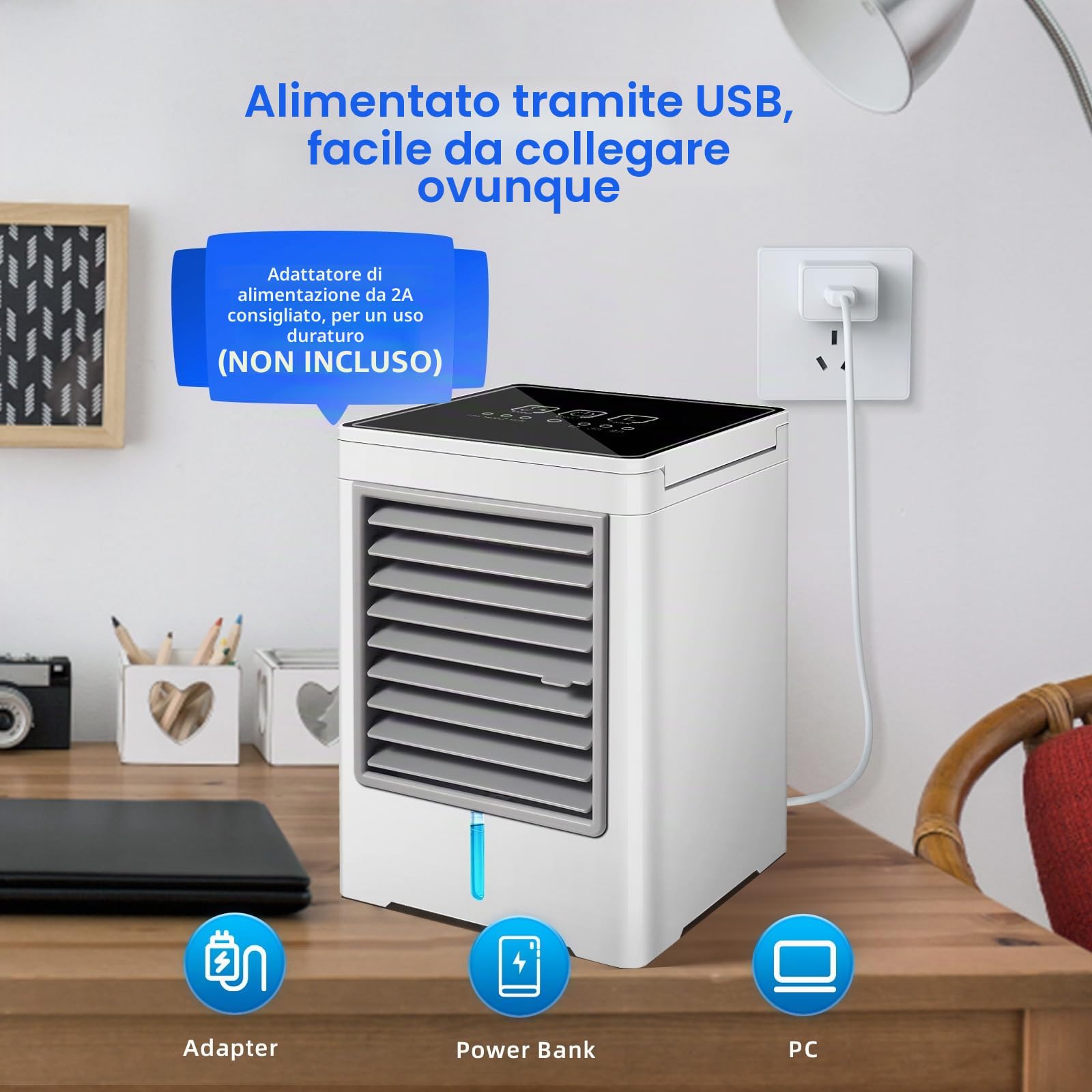 Condizionatore d'aria portatile, raffreddatore d'aria evaporativo con 3 velocità, USB Touch condizionatore d'aria personale con temporizzazione 1/3/6H, mini ventola di raffreddamento da tavolo per