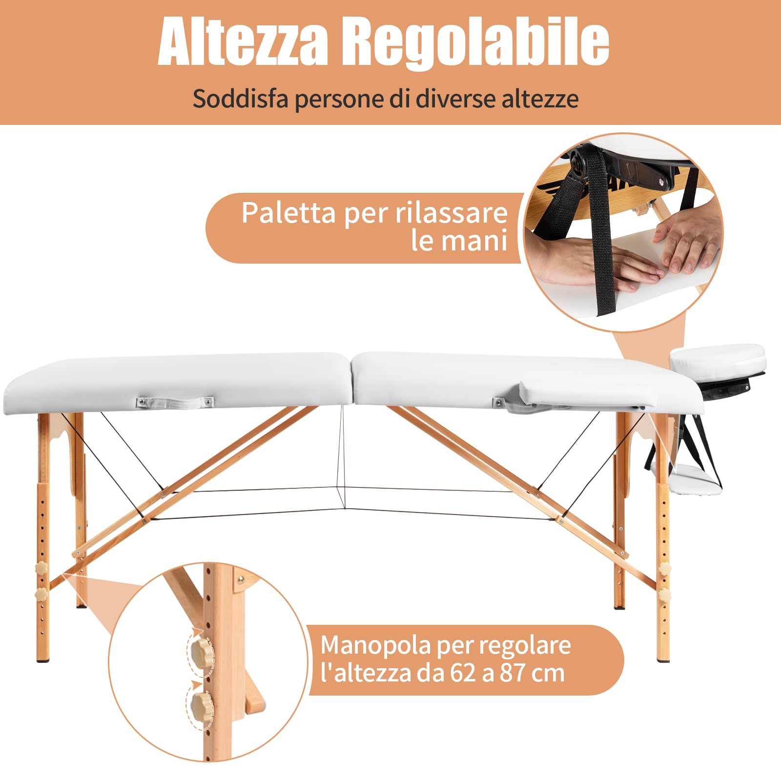 RELAX4LIFE Lettino da Massaggio Pieghevole a 2 Sezioni, Portatile, Schienale Regolabile in Altezza, Braccioli e Poggiatesta Rimovibili, Portata 250 KG