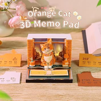 3D Art Calendar 2027, Time Piece Calendar 3D Memo Pad Creative Rip Away Paper Carving DIY Note (Orange Cat)