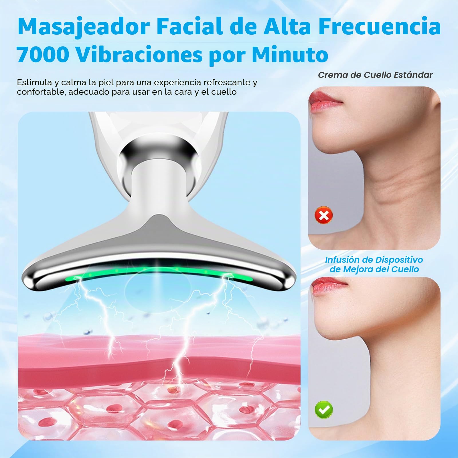 Masajeador Facial Eléctrico con Radiofrecuencia y 7 Luces LED, Calentable 45°C para Papada y Cuello, Guasha Antiarrugas Reafirmante