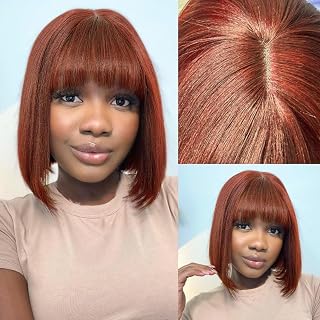 Rebecca Beauty Bob Wig with Bangs Human Hair Natural Black Straight Bob Wig with Very Light Yaki 10 Inch Short Glueless Bob Bang Wig with 2.5"X1" Lace Top (Color 33A)
