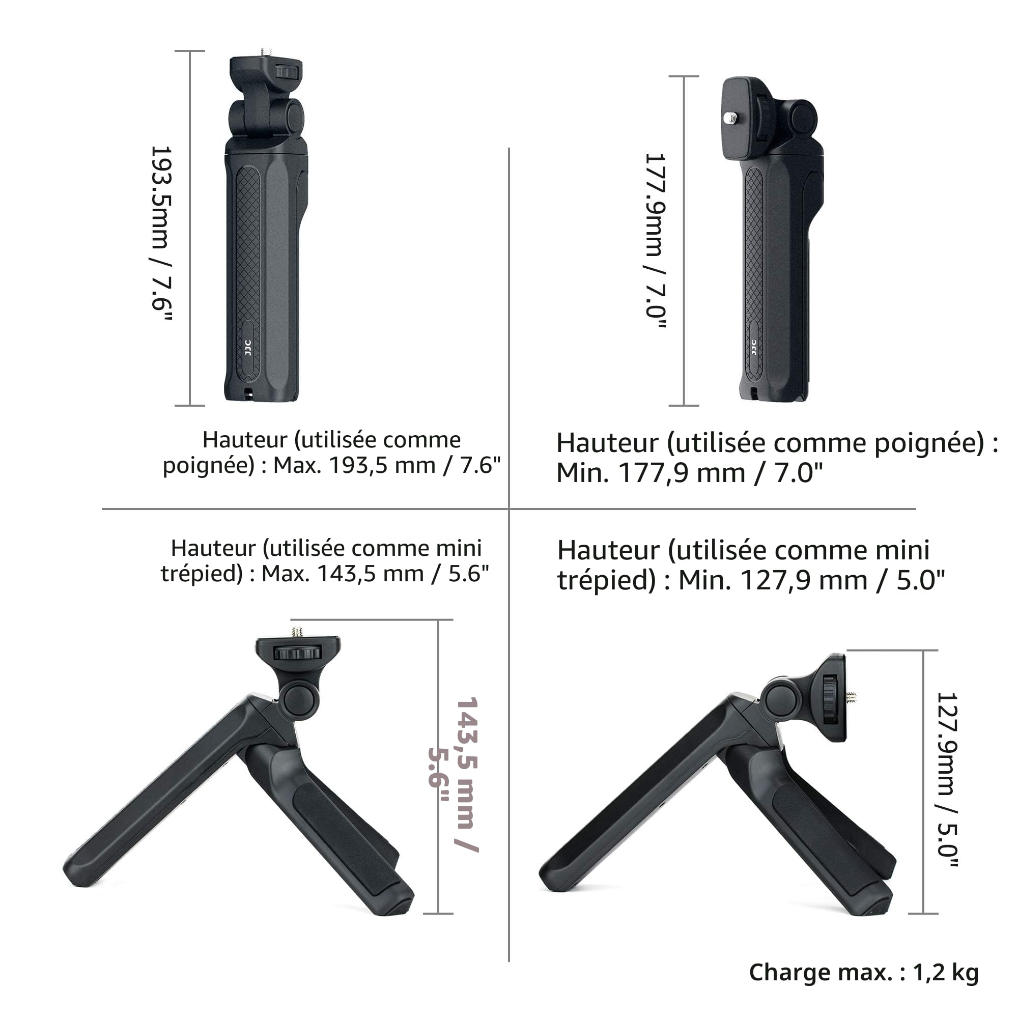 JJC Poignée de caméra, poignée, support de table, trépied, perche à selfie, stabilisateur de main pour Canon, Nikon, Sony, DSLR, appareil photo numérique, caméscope