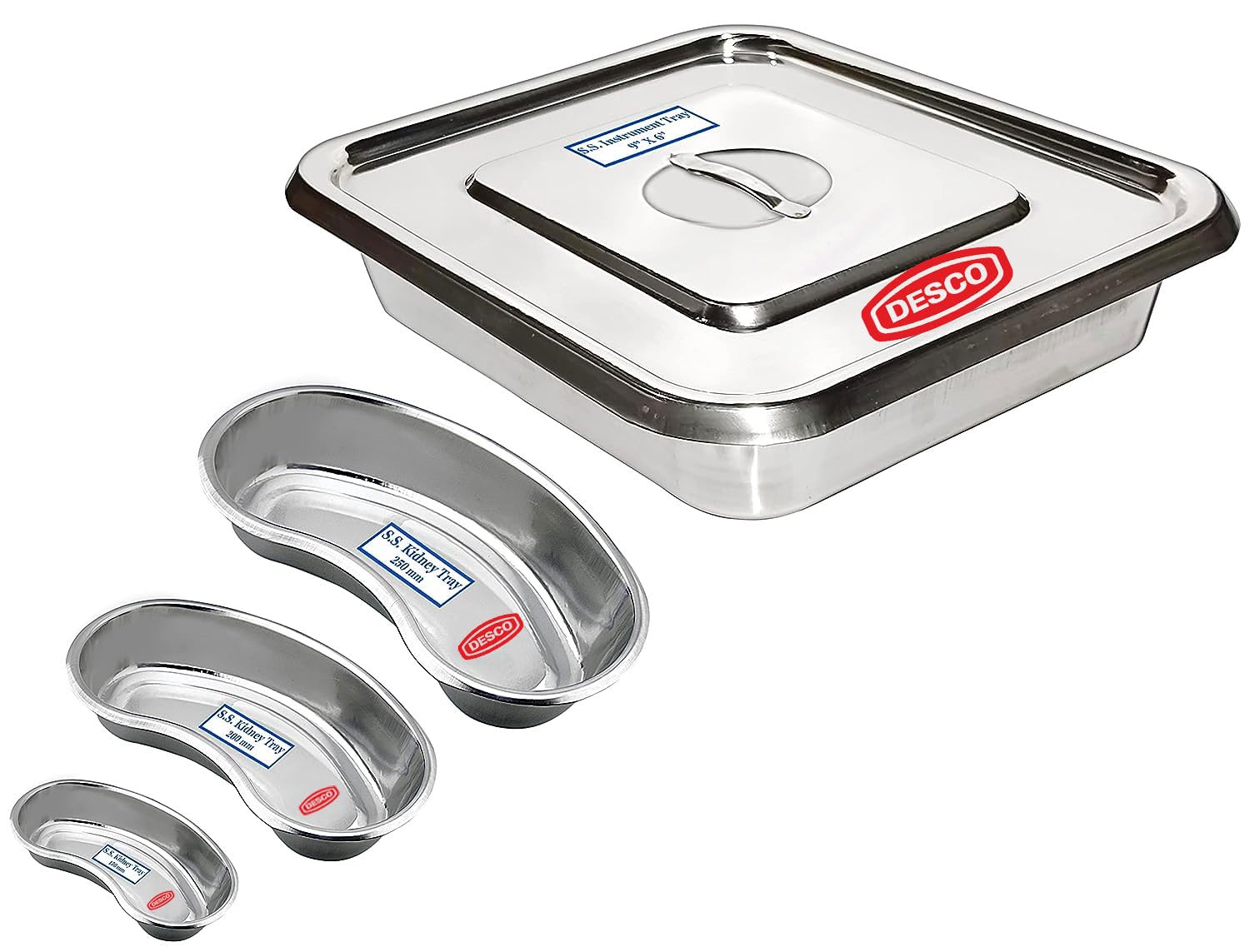 DESCO Medical Reusable Instrument Tray with Lid Heavy Stainless Steel (Instrument Tray 9in*6in & Set of 3 Kidney Tray) (B0CGV6QLBH) Amazon Price History, Amazon Price Tracker