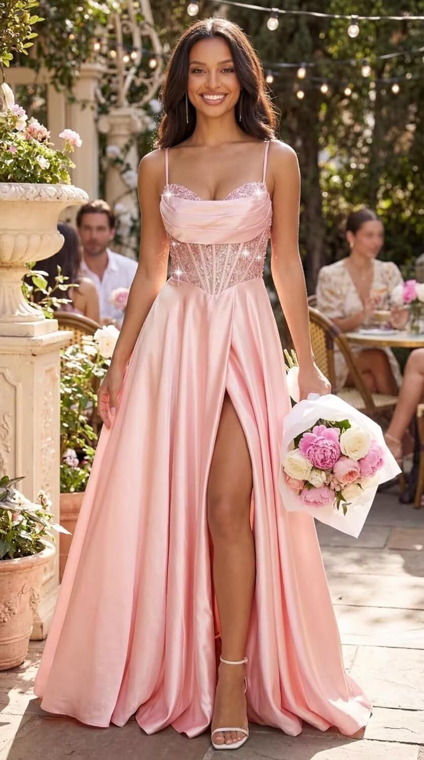 Satin Corset Prom Dress Sparkly Sequin A Line Long 2026 Formal Evening Gowns for Women