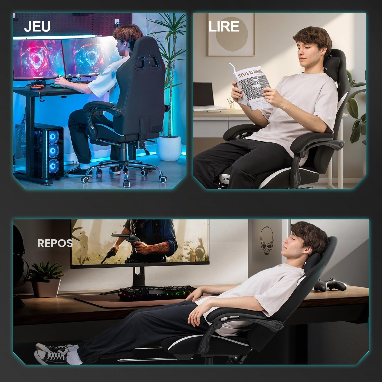 GTPLAYER Chaise de Gamer, Chaise de Bureau, Respirante, en Tissu de qualité supérieure, Ergonomique, réglable et pivotante, avec Repose-Pieds, Supporte 150 kg, Blanche