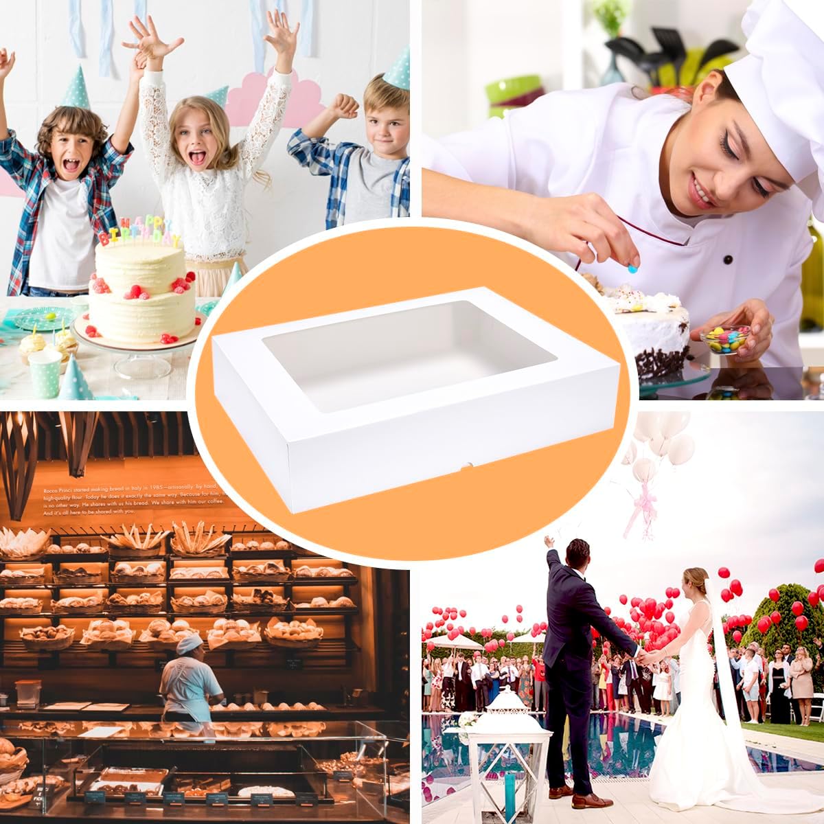 JJO 19x14x4 Inch 10 Pack Auto-Popup Cake Boxes with Thick Cake Boards,White Large Rectangle Bakery Boxes with Window,for Brownie,Cupcakes,Pie & Donuts