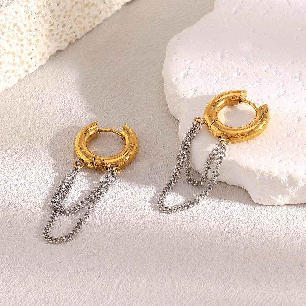 Gold Silver Tone Tassel Chain Dangle Small Hoop Earrings Huggie for Women Stainless Steel Gold Plated Link Dangling Drop Hoops Earring Cartilage Tragus Wrap Cuffs Fashion Jewelry for Mother Birthday - Image 7