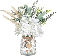 VIERENA Faux White Silk Flowers in Rustic Glass Vase with Eucalyptus & Willow - Farmhouse Kitchen Dining Table Centerpiece Decor