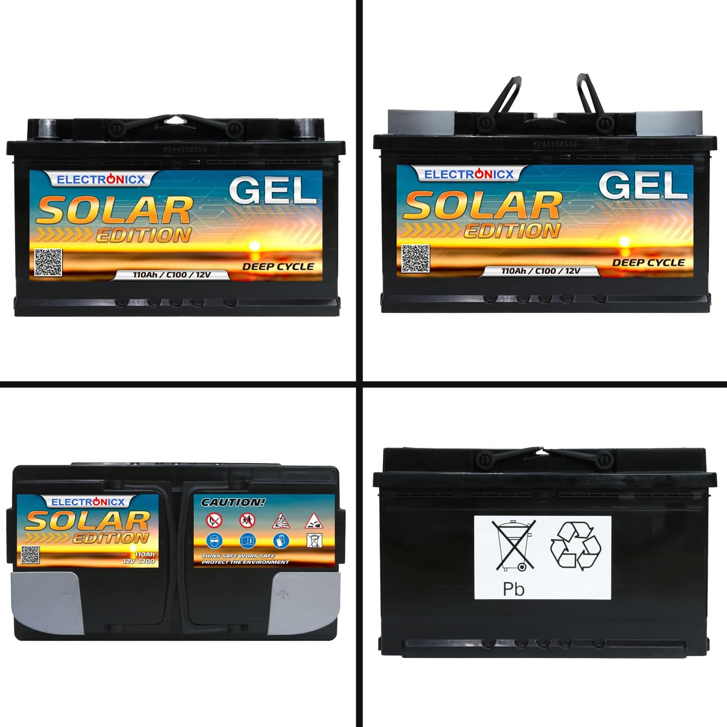Electronicx Batterie Gel 12V 110Ah C100 Édition Solaire – Batterie de Service à décharge Lente 110 Ah – Technologie Gel – Borne Positive à Droite – Camping-Car Bateau Photovoltaïque