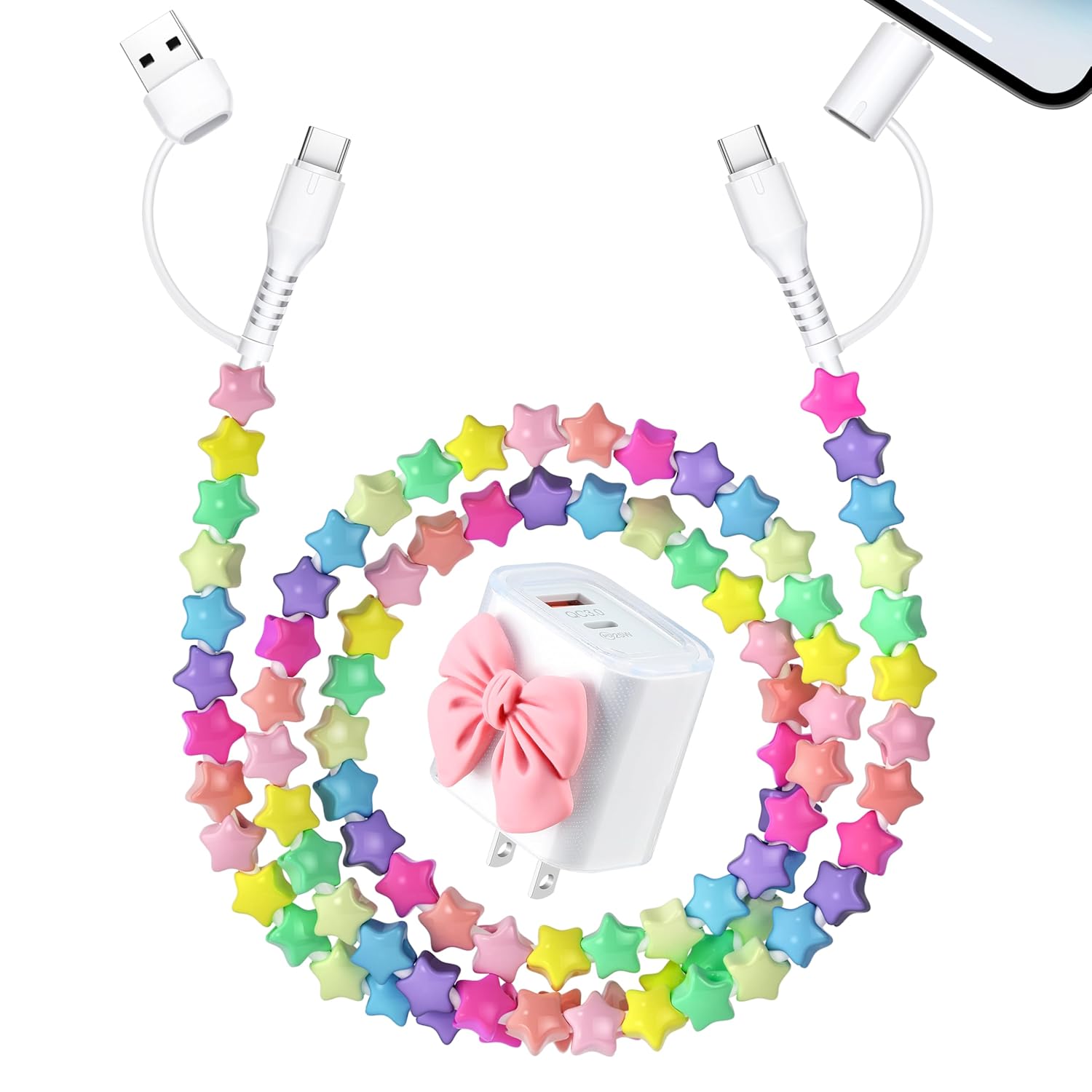 Aolcev 4 in 1 USB C Cable Beaded Multi for iPhone 17 Charger Cord 2 in 1 USB A USB C Charger Block 25W Cute Type C Fast Charging Blocks with Case for iPhone 16 15 Pro Max Girl 3.3FT Rainbow Colors