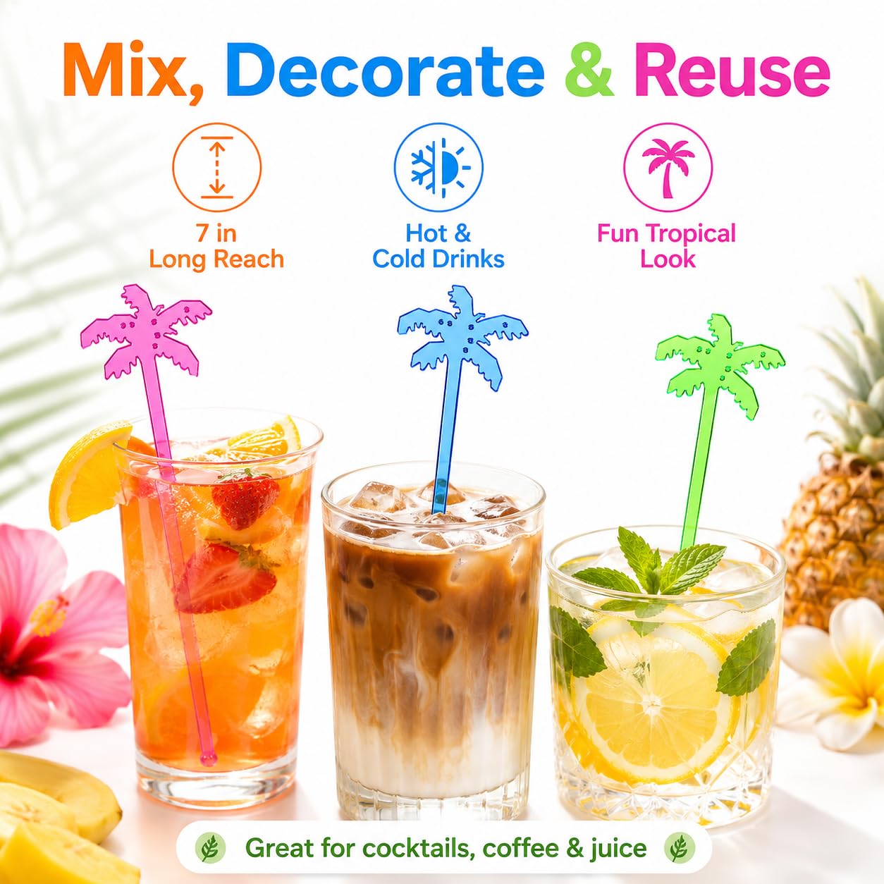 Lot de 150 agitateurs à cocktail réutilisables en forme de cocotier - En plastique - Pour tourner et tourner