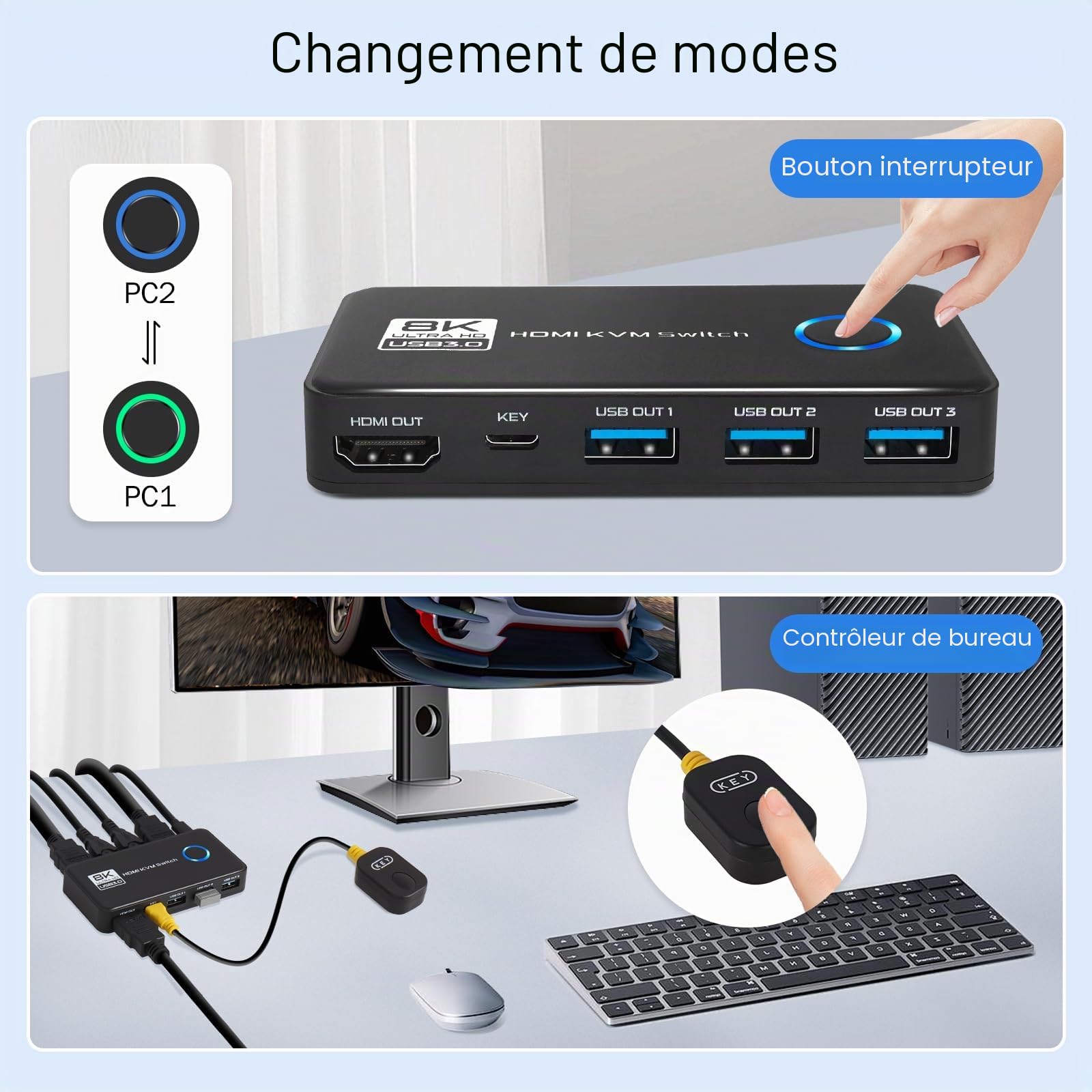 TCNEWCL 8K@60Hz Commutateur KVM HDMI USB 3.0 2 PC 1 moniteur 4K @ 120 Hz, 2 ports Commutateur KVM, prend en charge HDR, Dolby Audio, 3D, HDCP2.3, avec câble HDMI 2.1 et USB 3.0