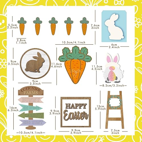 Miniatura 2 de Patelai 12 piezas de decoración de bandeja escalonada de Pascua, decoración de mesa de madera de Pascua rústica, conejo, conejo, zanahoria, gnomo,