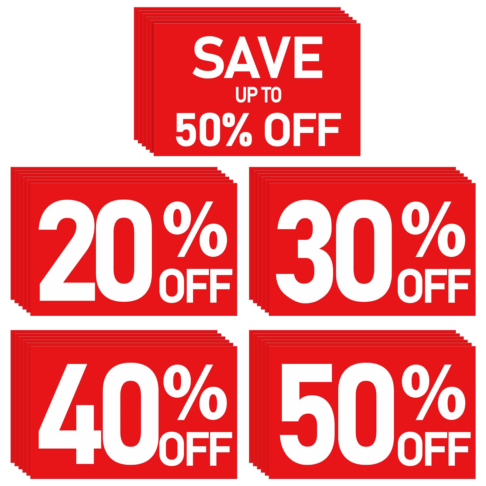 Watersay 30 Pack Percent off Signs of up to 50% Percent off Sign Bundle Pack, 7" x 11": 20%, 30%, 40% & 50%, 6 Each, with Eye Catching White Text on Red Background for Retail Store