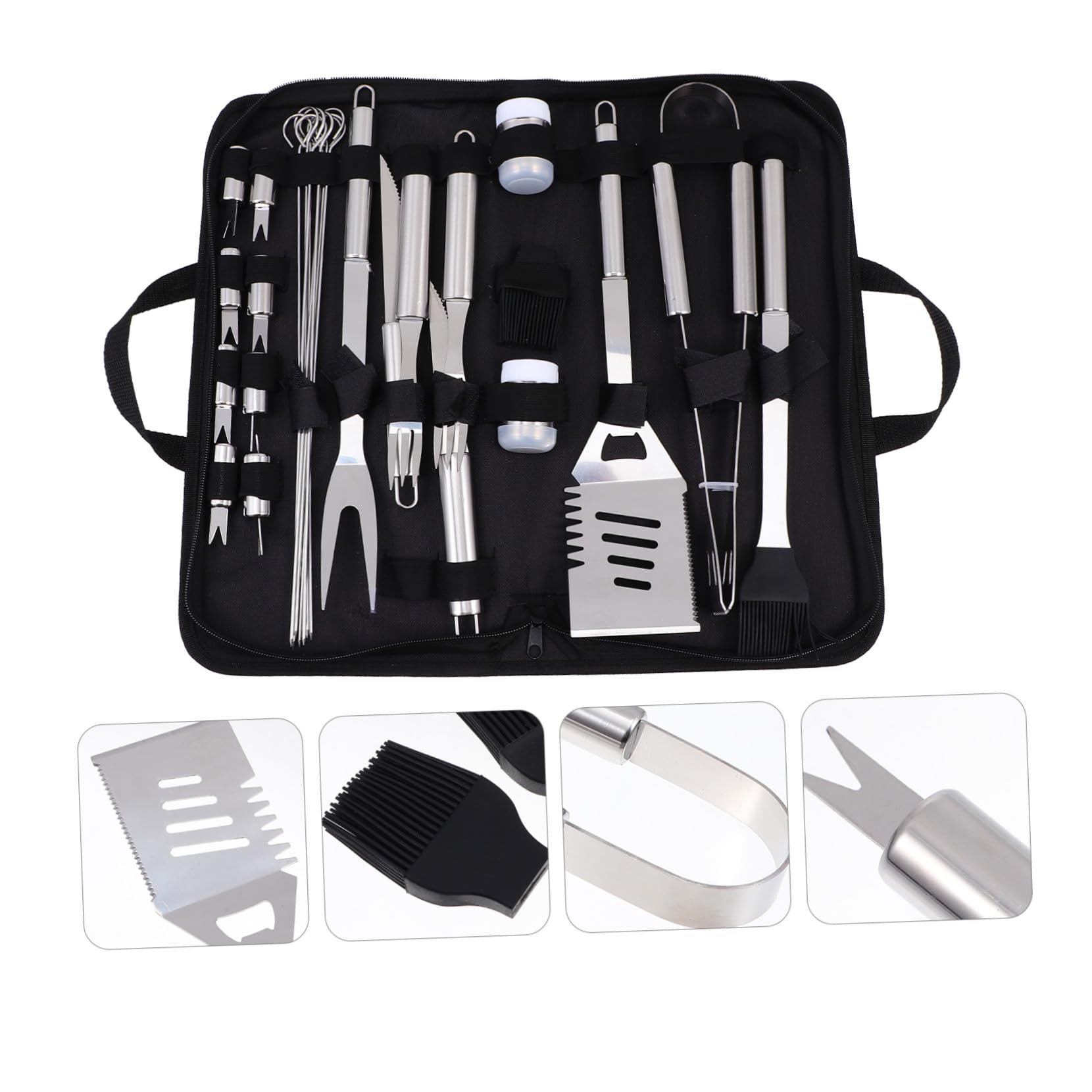 Utensili Barbecue in Metallo Resistente con Borsa Portatile in Kit Accessori Bbq Robusti per Grigliate all'Esterno Organizzazione Facile e Trasporto Pratico