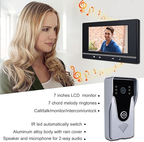 Miniatura 7 de Sistema de intercomunicación de video con cable, monitor de 7 pulgadas y cámara de timbre de aleación de aluminio, intercomunicador de 2 vías, kit