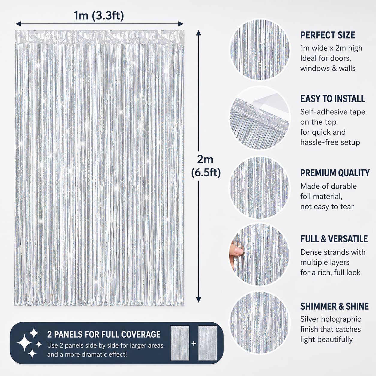 Pack of 2 Tinsel Curtains, Metallic Tinfoil Lead Tinsel, Party Curtain Photo Background, Bright Colourful Photo Booth Accessories, Foil Streamers Decoration for Celebrations, Party, Silver